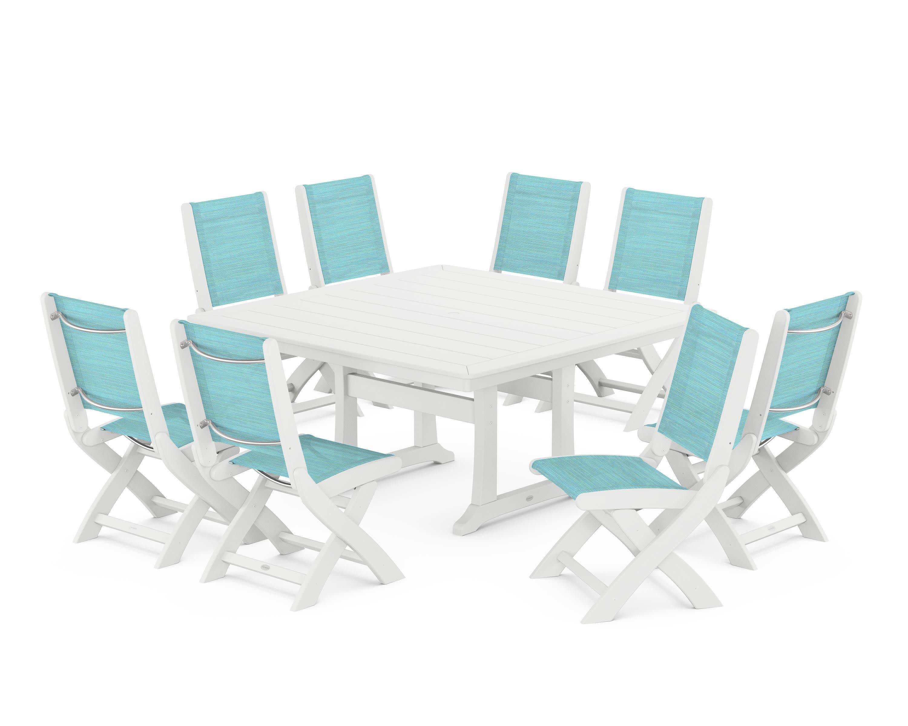 Coastal Folding Side Chair 9-Piece Dining Set with Trestle Legs in White / Dupioni Aquamarine Sling