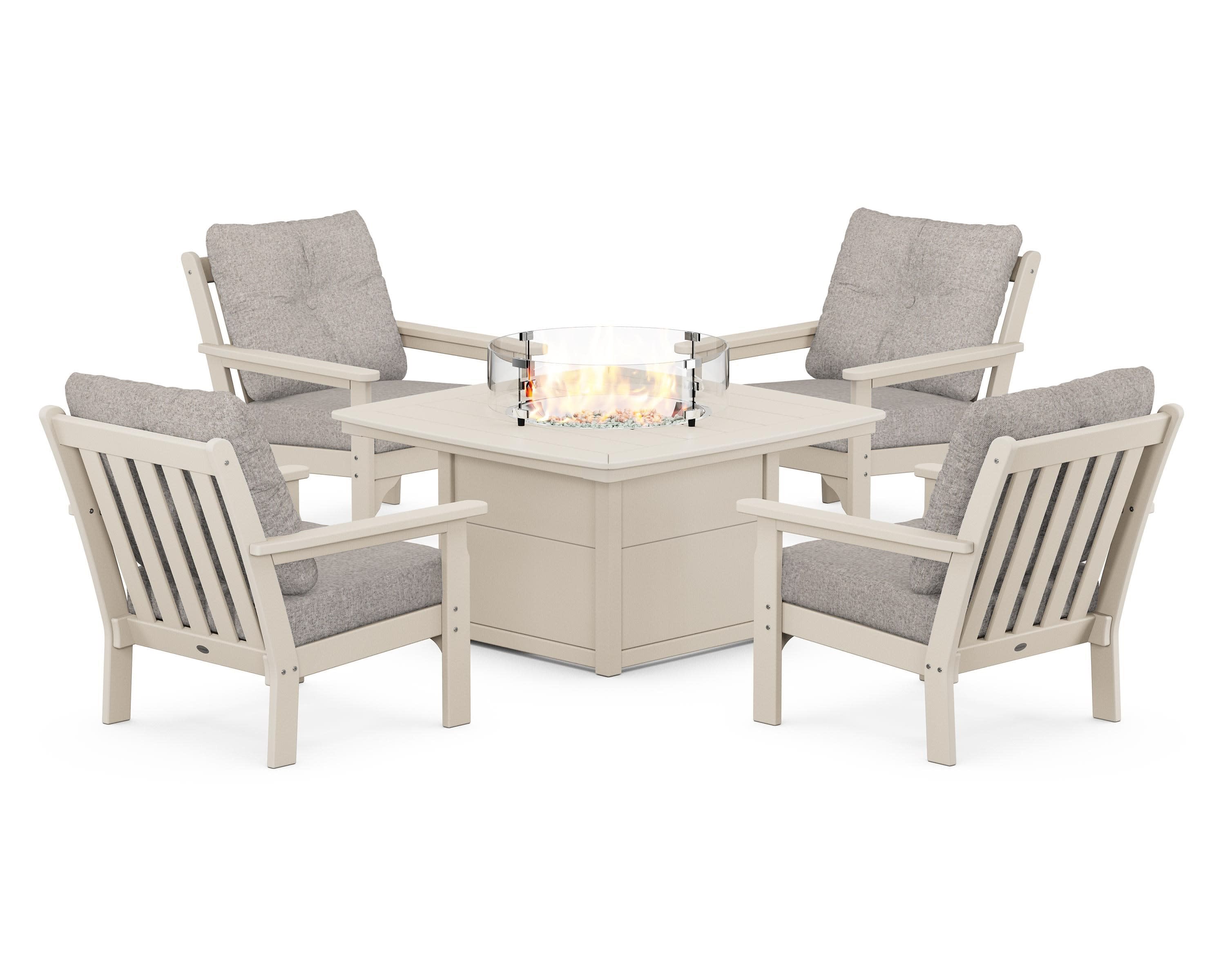 Vineyard 5-Piece Conversation Set with Fire Pit Table in Sand / Weathered Tweed