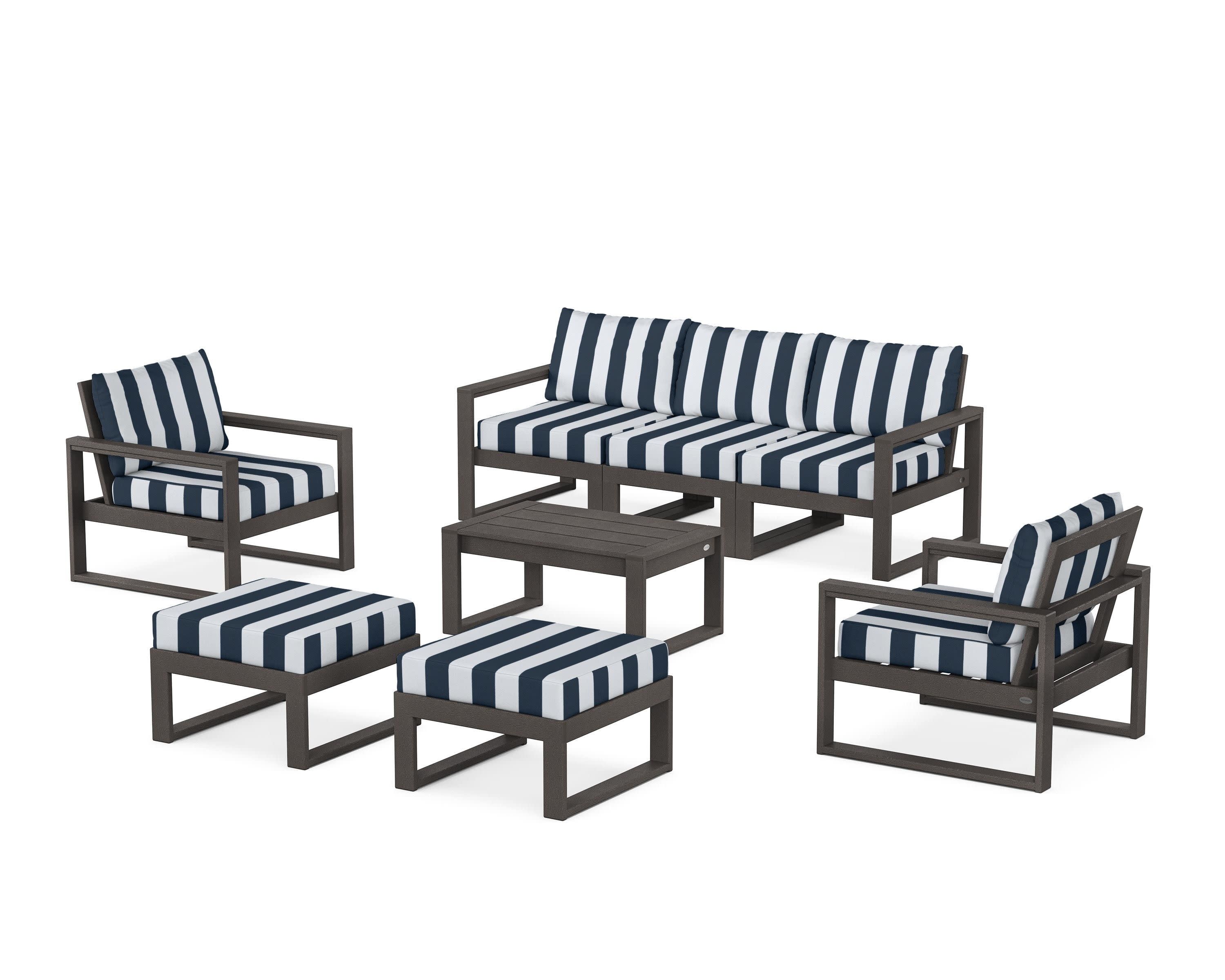 EDGE Sectional 8-Piece Lounge Sofa Set in Vintage Coffee / Cabana Stripe Marine Indigo