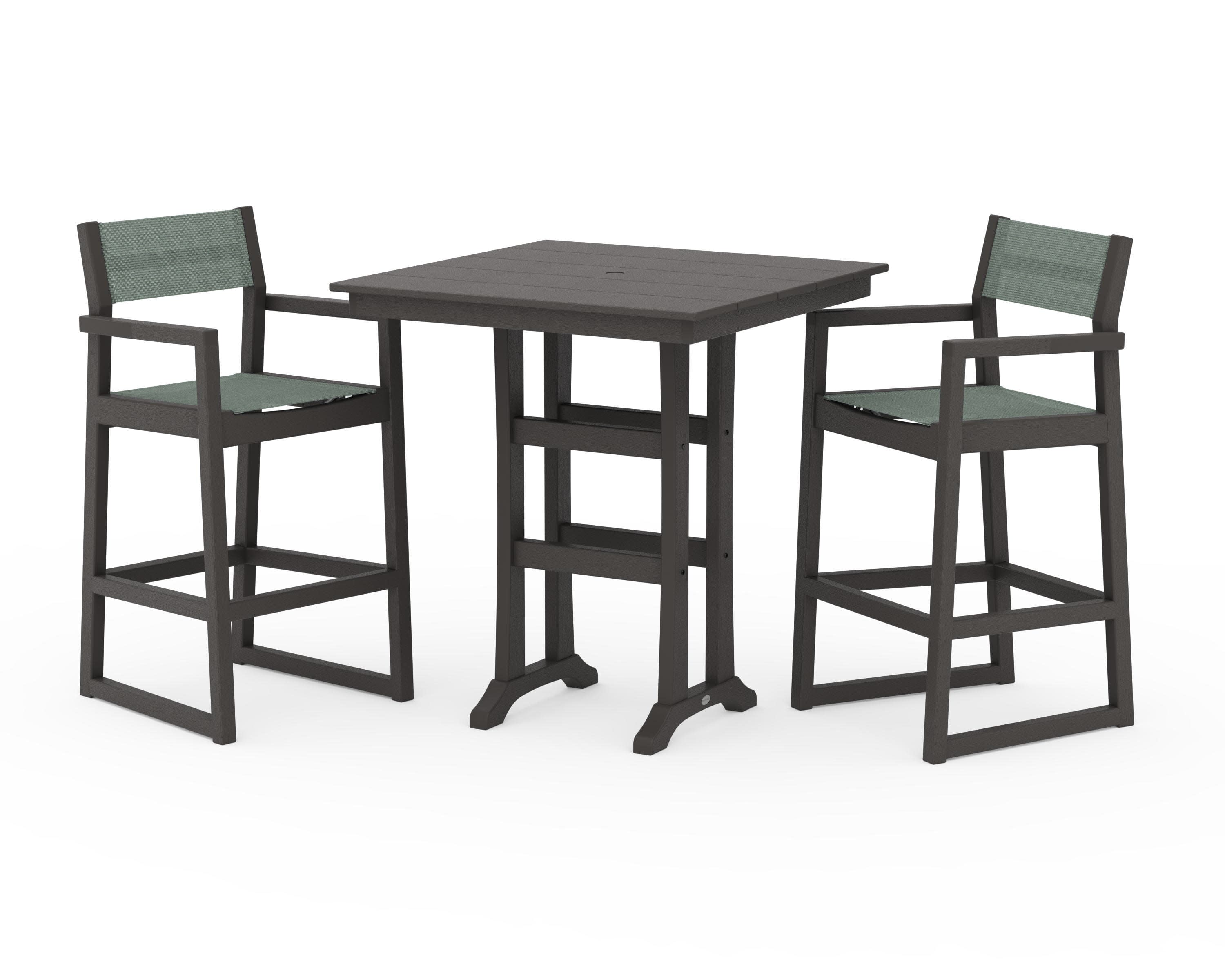 EDGE Sling Arm Chair 3-Piece Farmhouse Bar Set with Trestle Legs in Vintage Coffee / Dupioni Sea Mist Sling