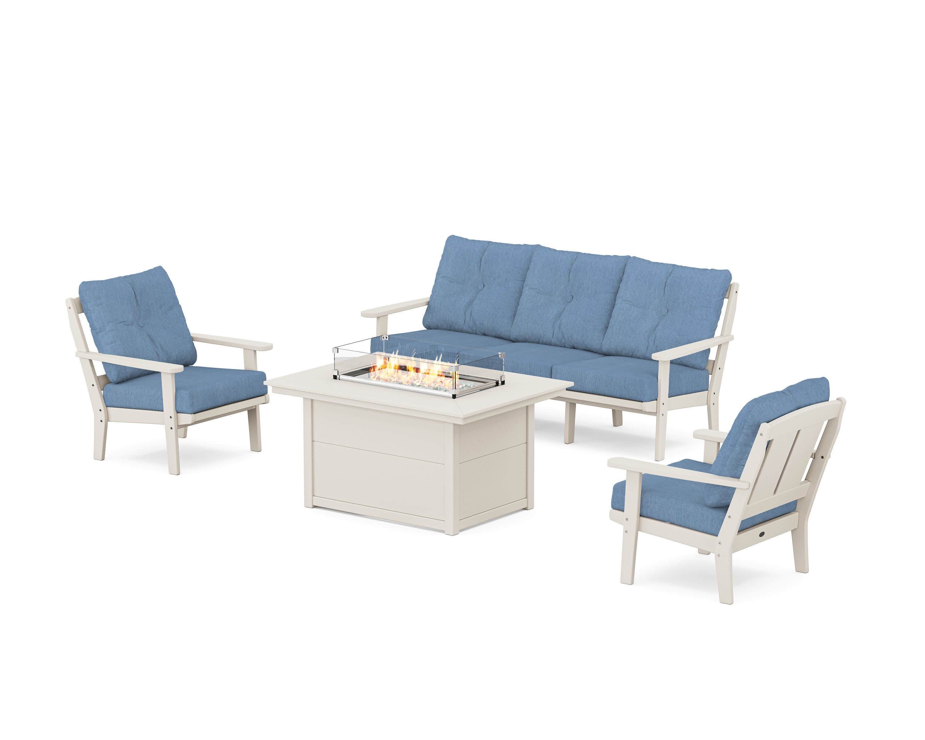 Mission Deep Seating Fire Pit Table Set in Sand / Sky Blue
