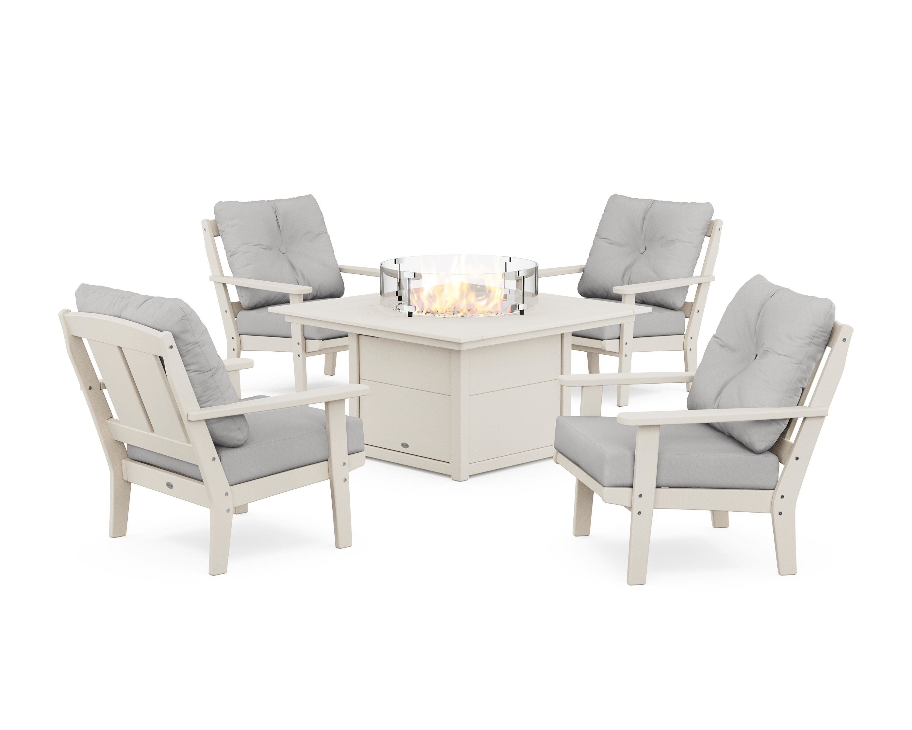 Mission 5-Piece Deep Seating Set with Fire Pit Table in Sand / Diamond in the Rough