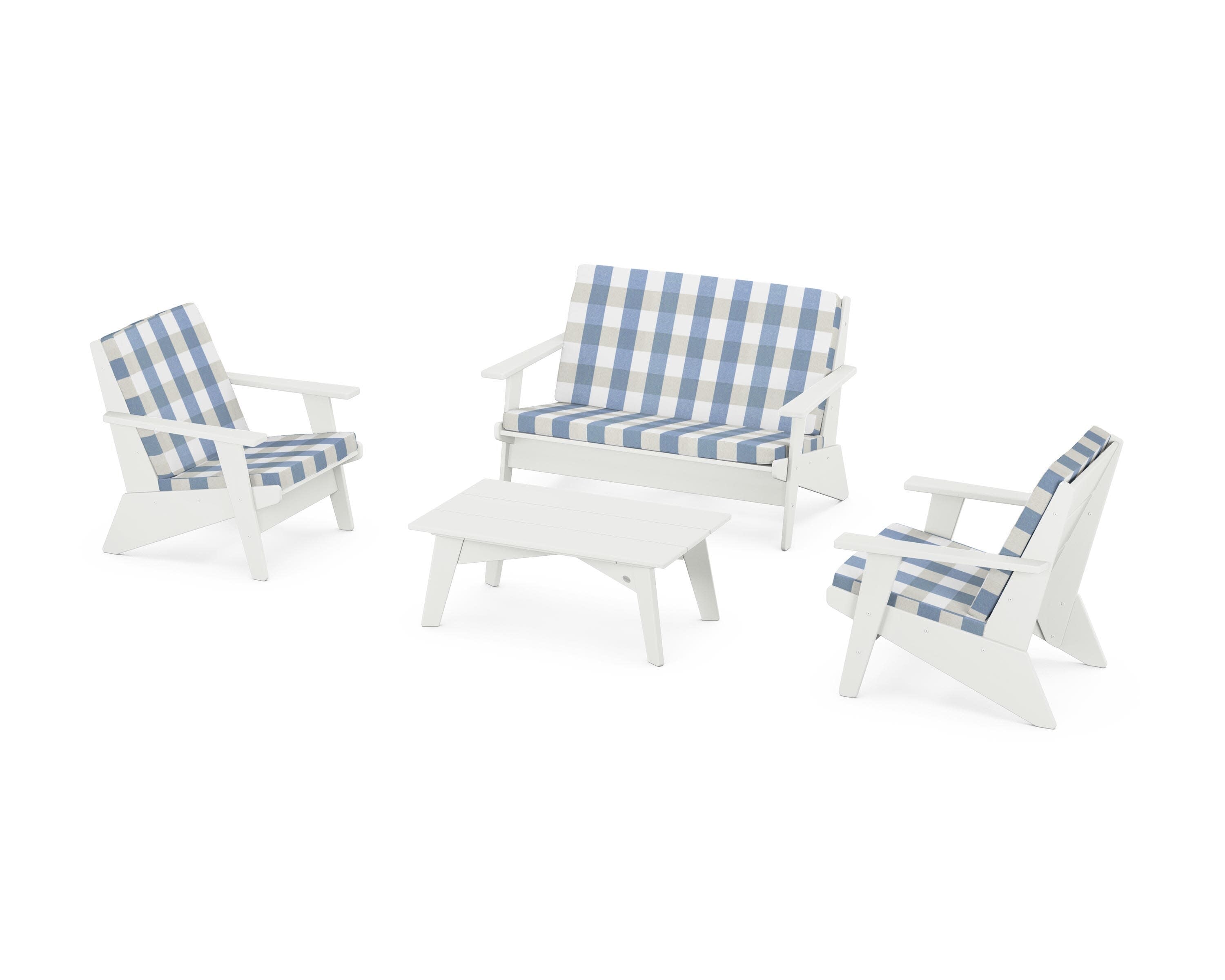 Riviera Modern Lounge 4-Piece Set in Vintage White / Buffalo Plaid Sky Blue