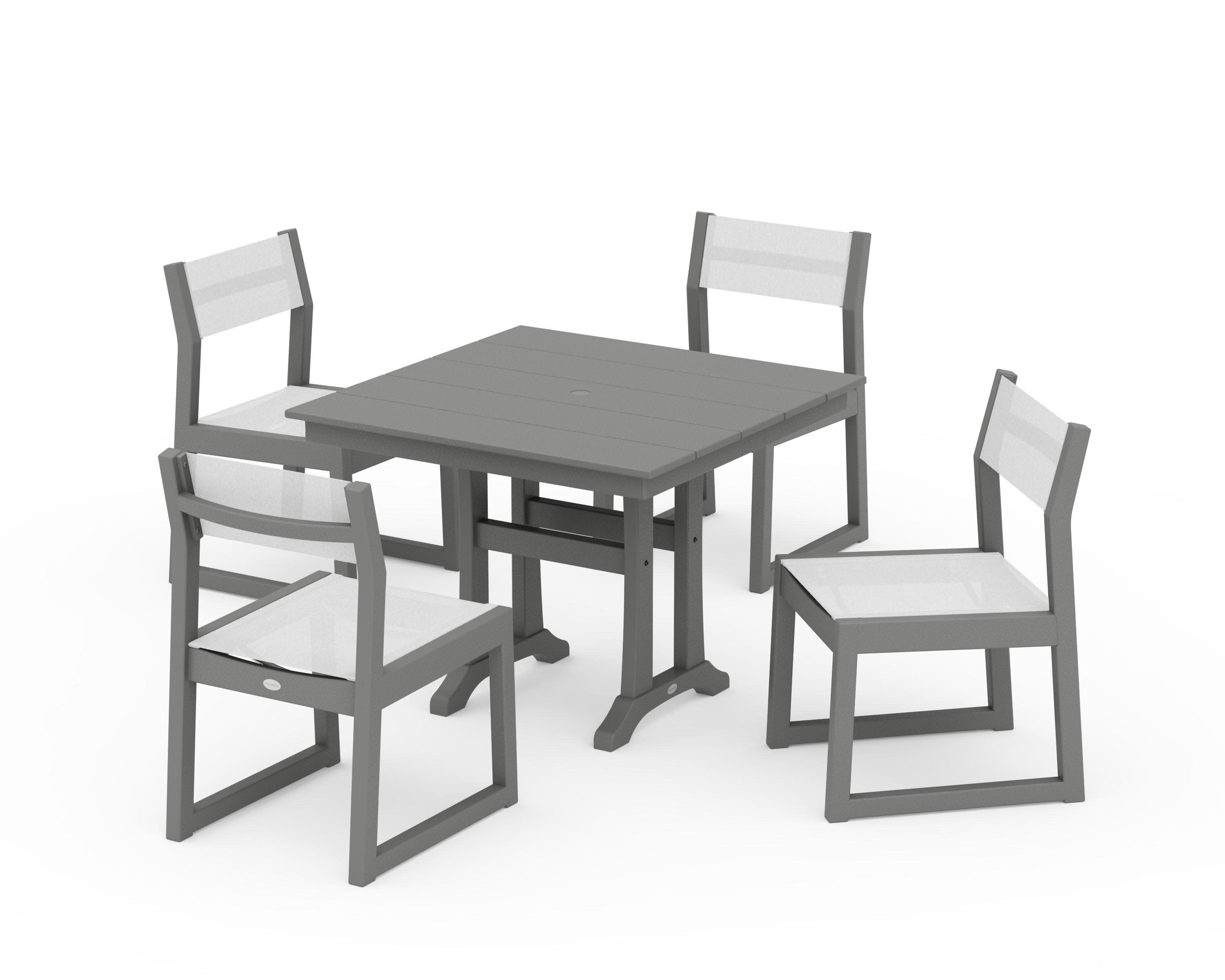 EDGE Sling 5-Piece Farmhouse Trestle Side Chair Dining Set in Slate Grey / White Sling
