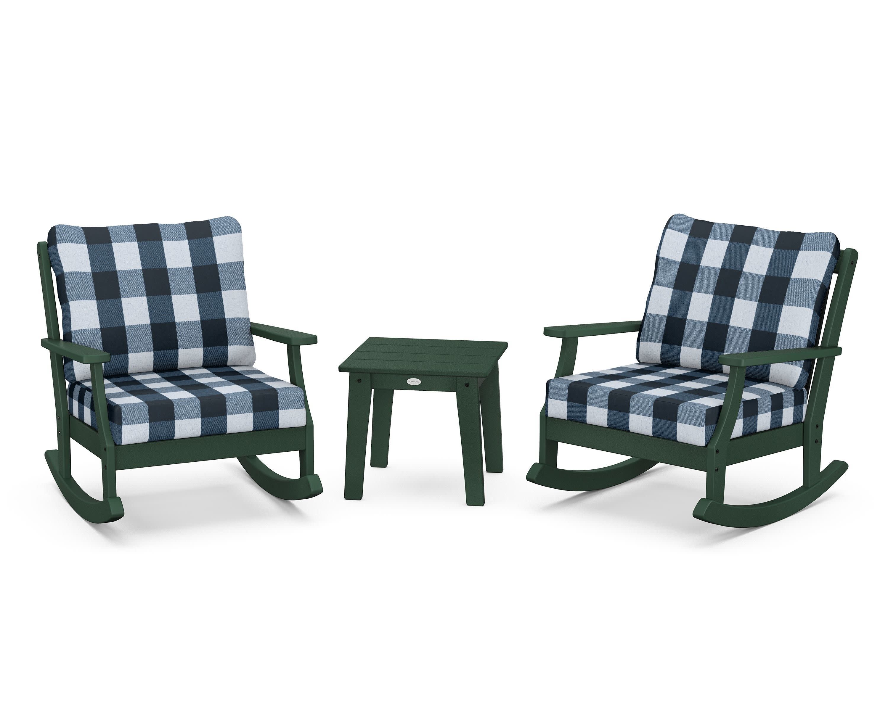 Braxton 3-Piece Deep Seating Rocker Set in Green / Buffalo Plaid Marine Indigo