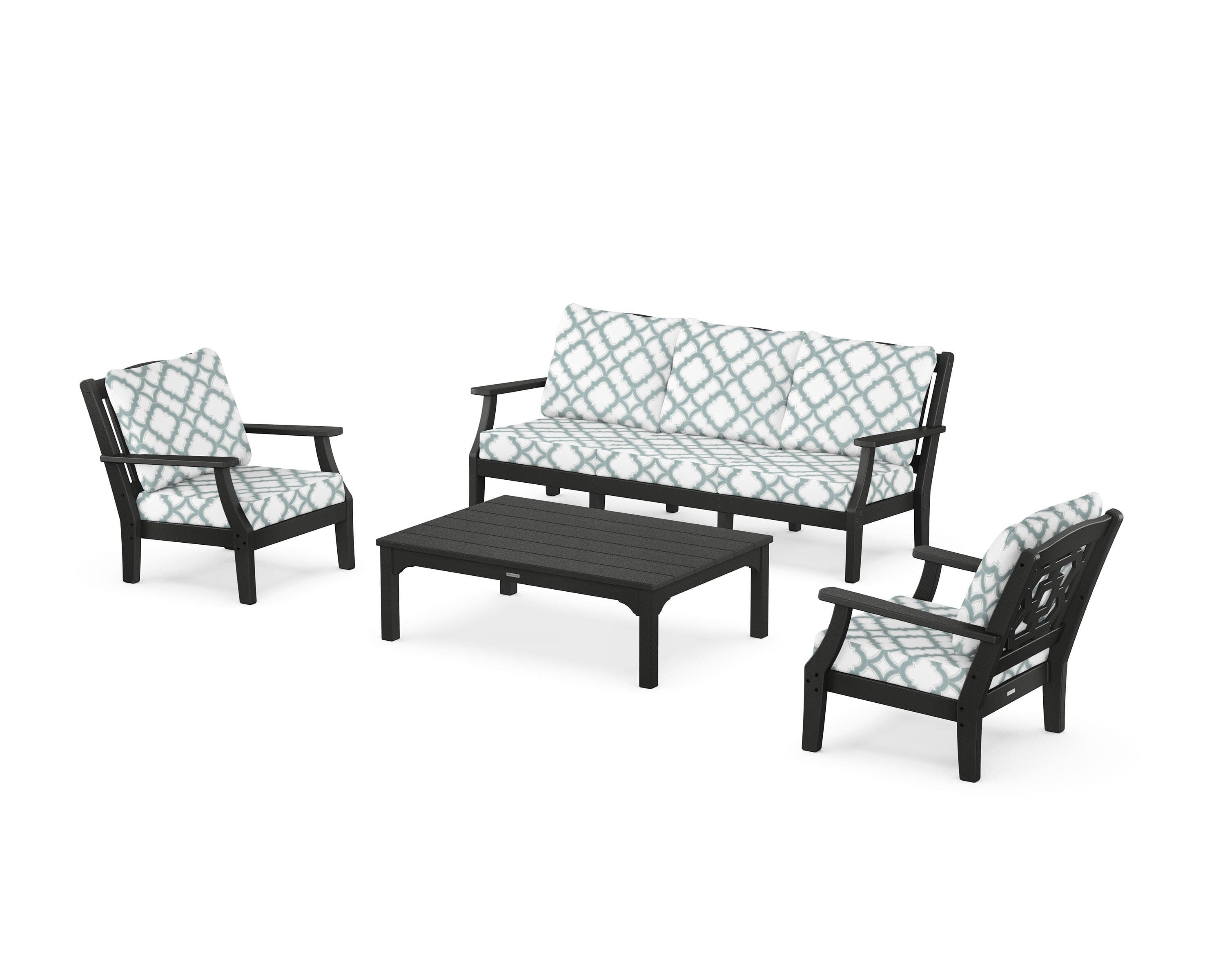 Chinoiserie 4-Piece Deep Seating Set with Sofa in Black / Trellis Glacier Spa