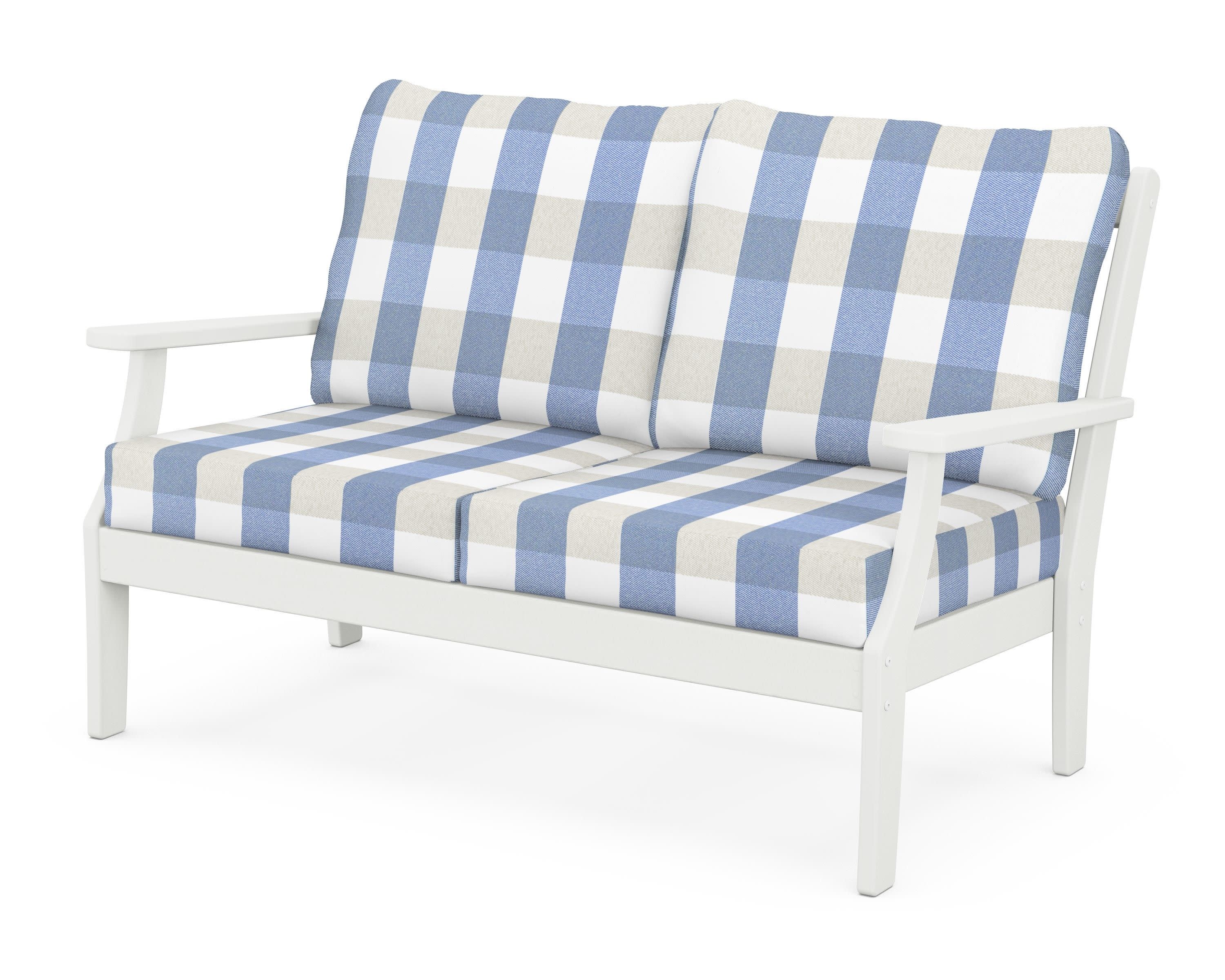 Braxton Deep Seating Loveseat in Vintage White / Buffalo Plaid Sky Blue