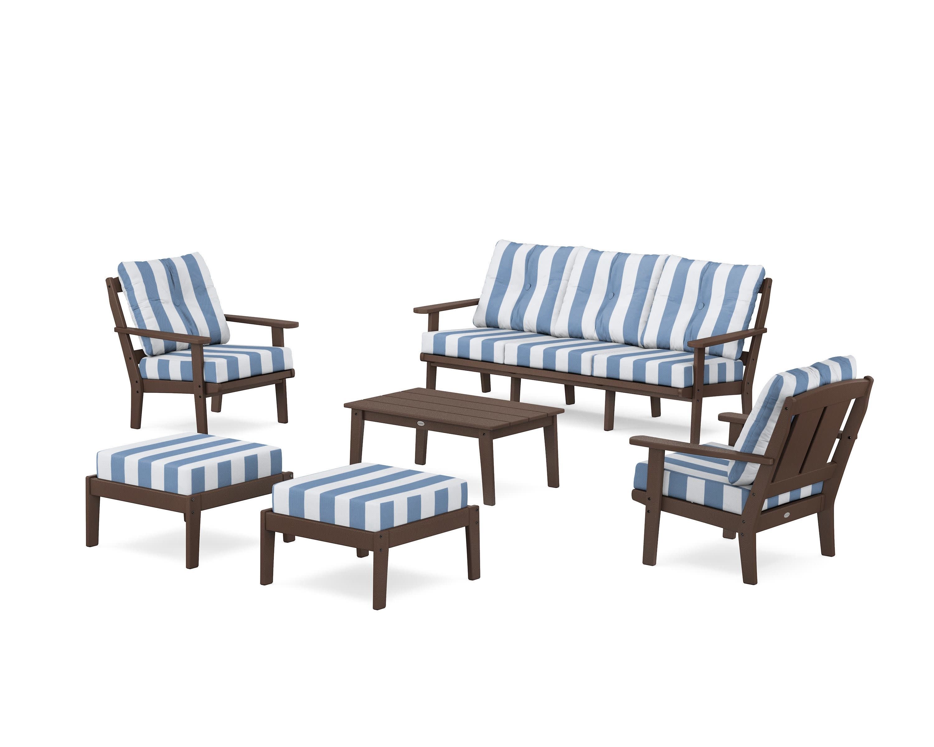 Mission 6-Piece Lounge Sofa Set in Mahogany / Cabana Stripe Sky Blue