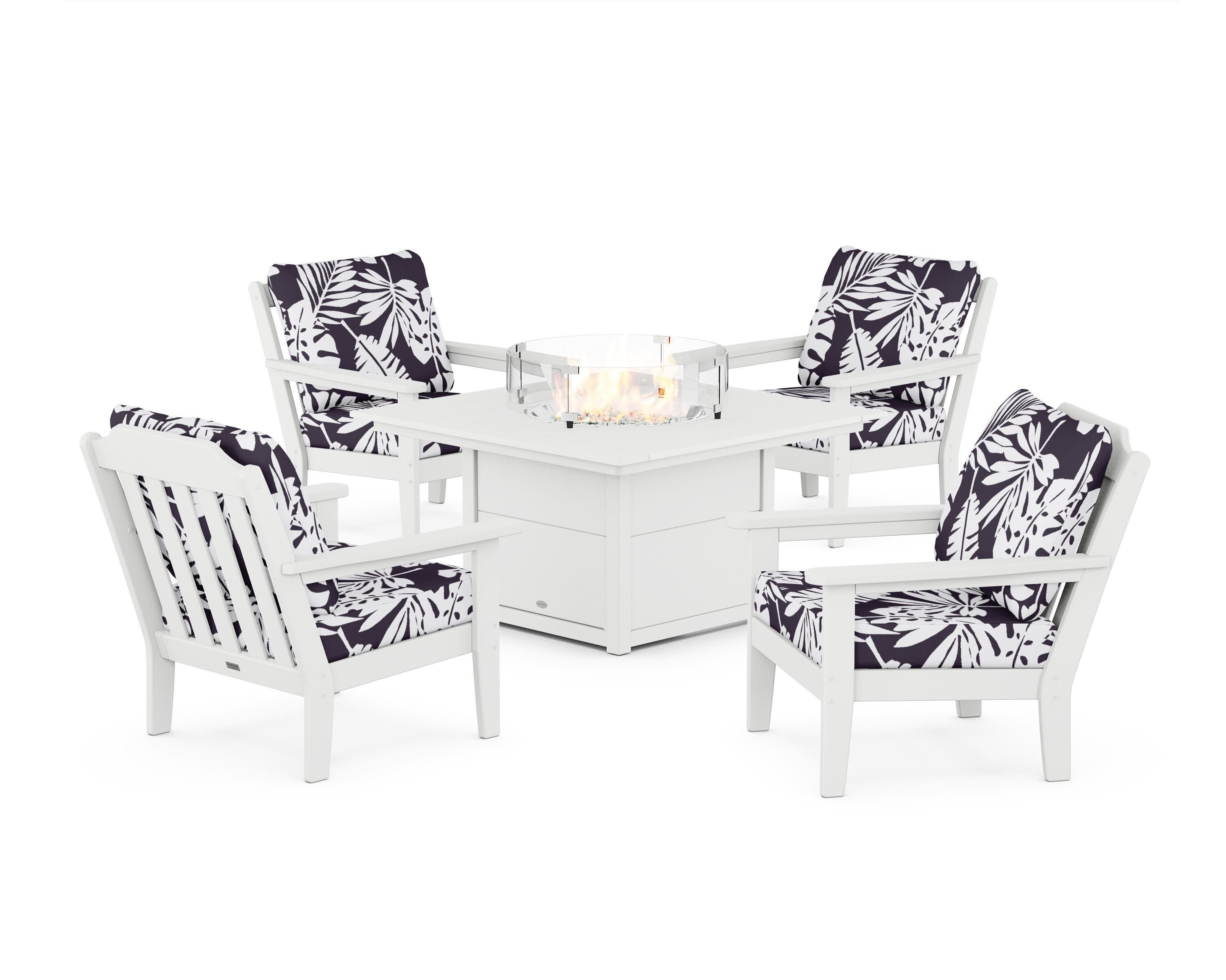 Cottage 5-Piece Deep Seating Set with Fire Pit Table in White / Leaf Navy