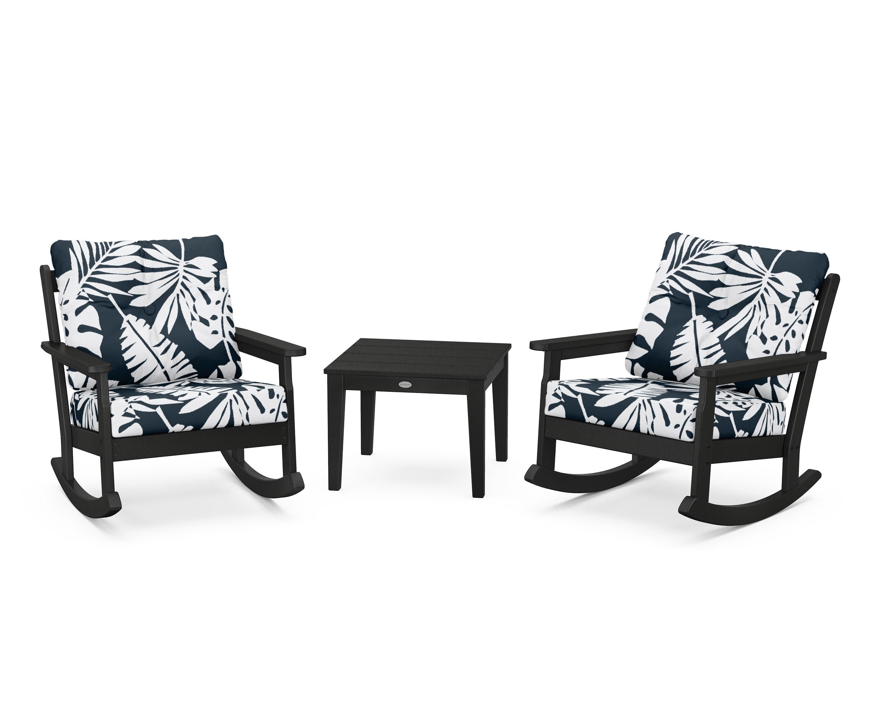Vineyard 3-Piece Deep Seating Rocker Set in Black / Leaf Marine Indigo