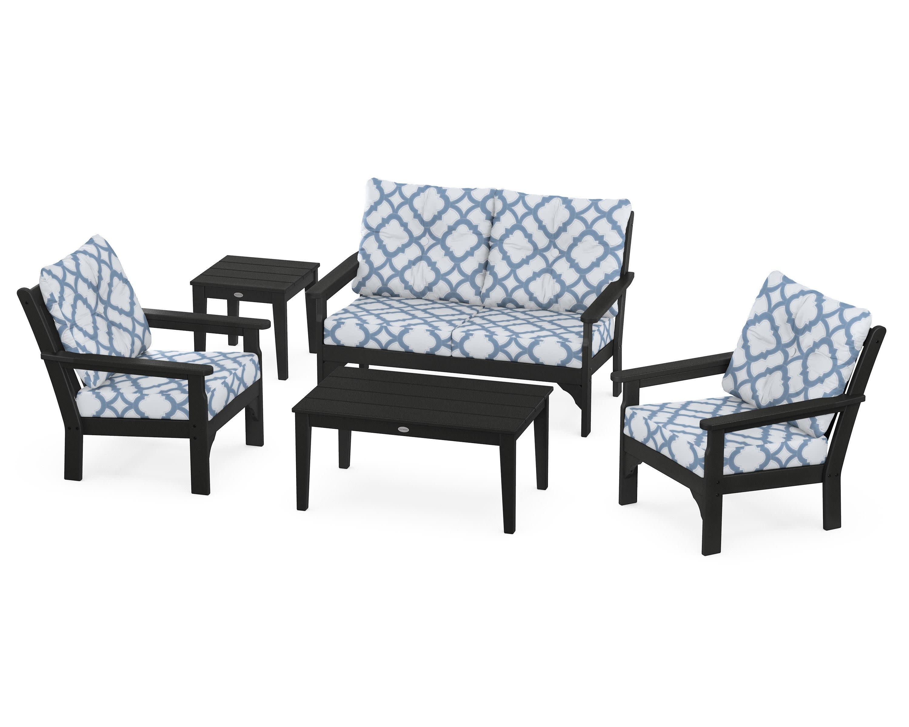 Vineyard 5-Piece Deep Seating Set in Black / Trellis Sky Blue