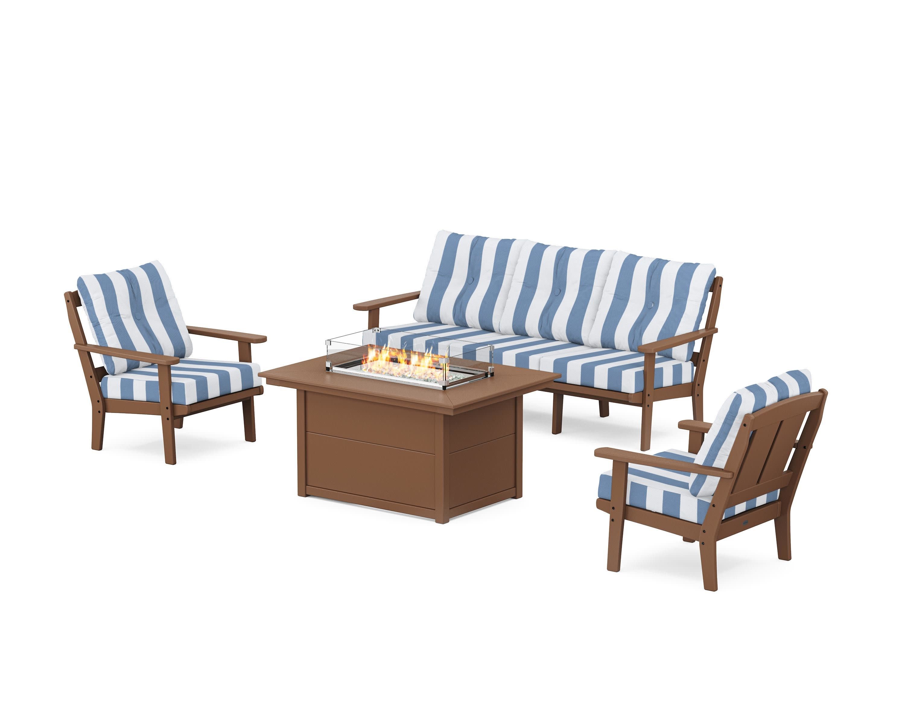 Mission Deep Seating Fire Pit Table Set in Teak / Cabana Stripe Sky Blue