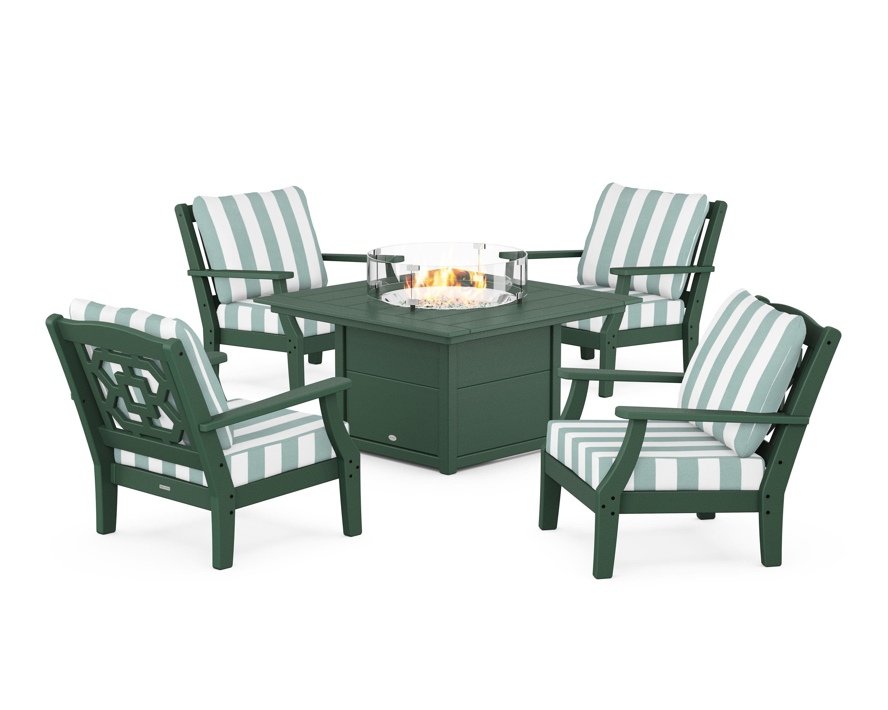 Chinoiserie 5-Piece Deep Seating Set with Fire Pit Table in Green / Cabana Stripe Glacier Spa