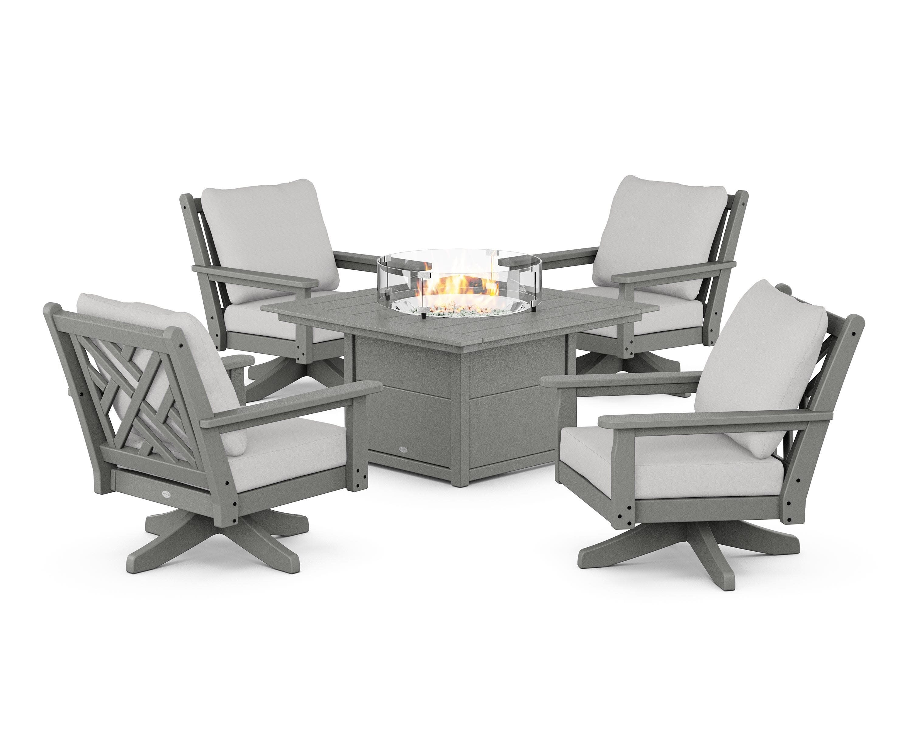 Chippendale 5-Piece Deep Seating Swivel Conversation Set with Fire Pit Table in Slate Grey / Diamond in the Rough