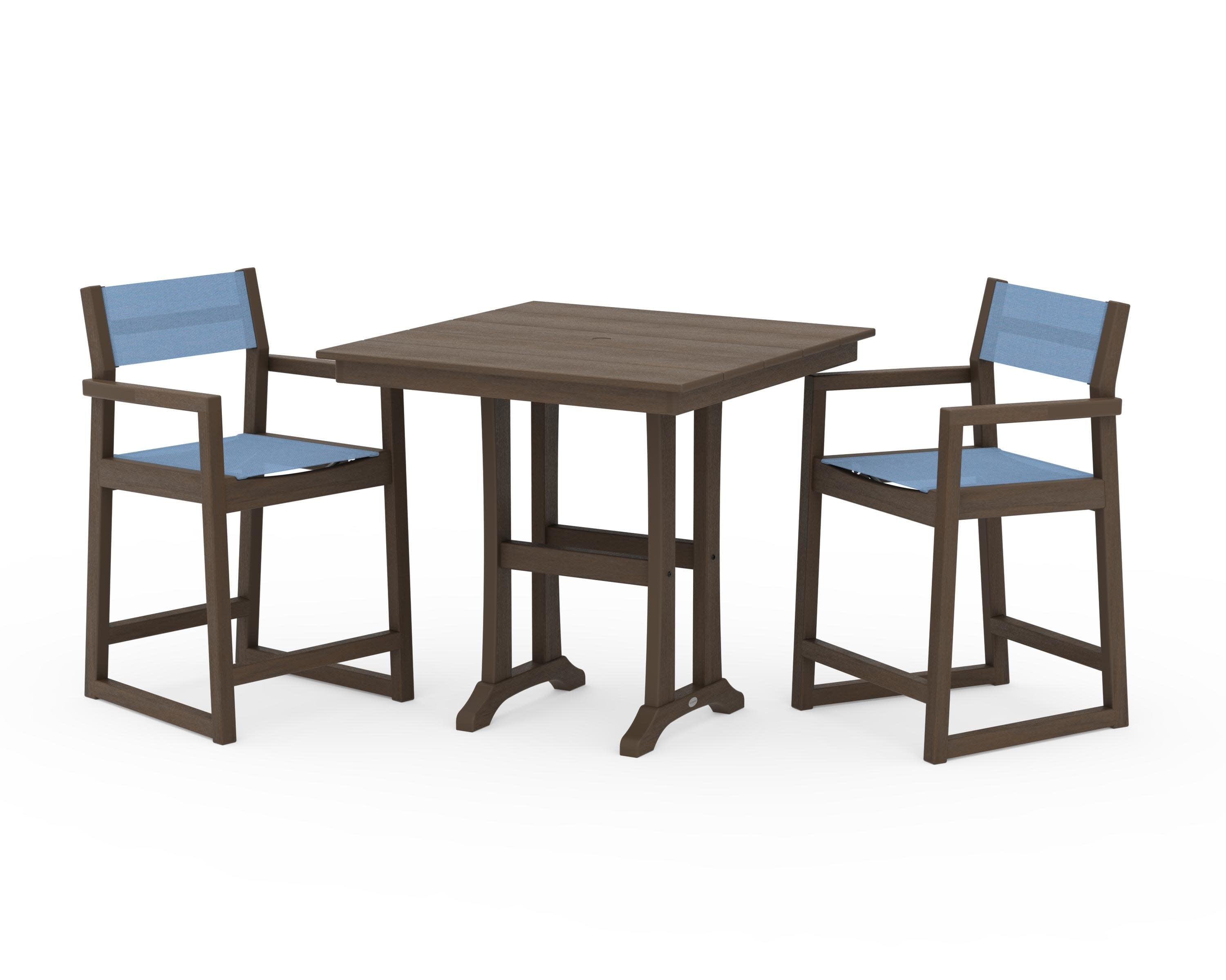EDGE Sling Arm Chair 3-Piece Farmhouse Counter Set with Trestle Legs in Kona / Poolside Sling