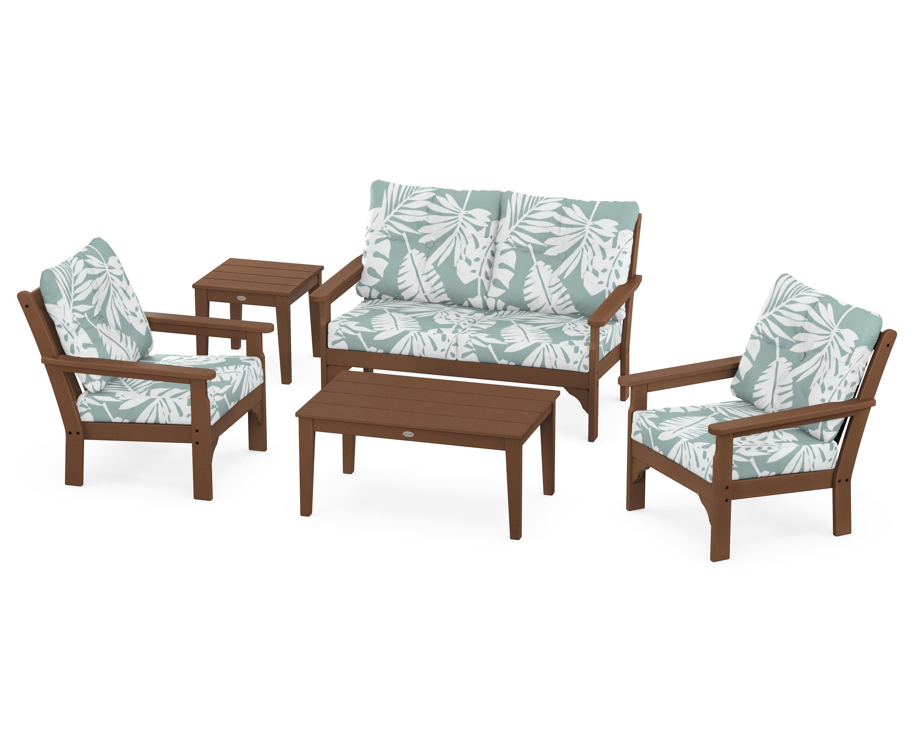Vineyard 5-Piece Deep Seating Set in Teak / Leaf Glacier Spa