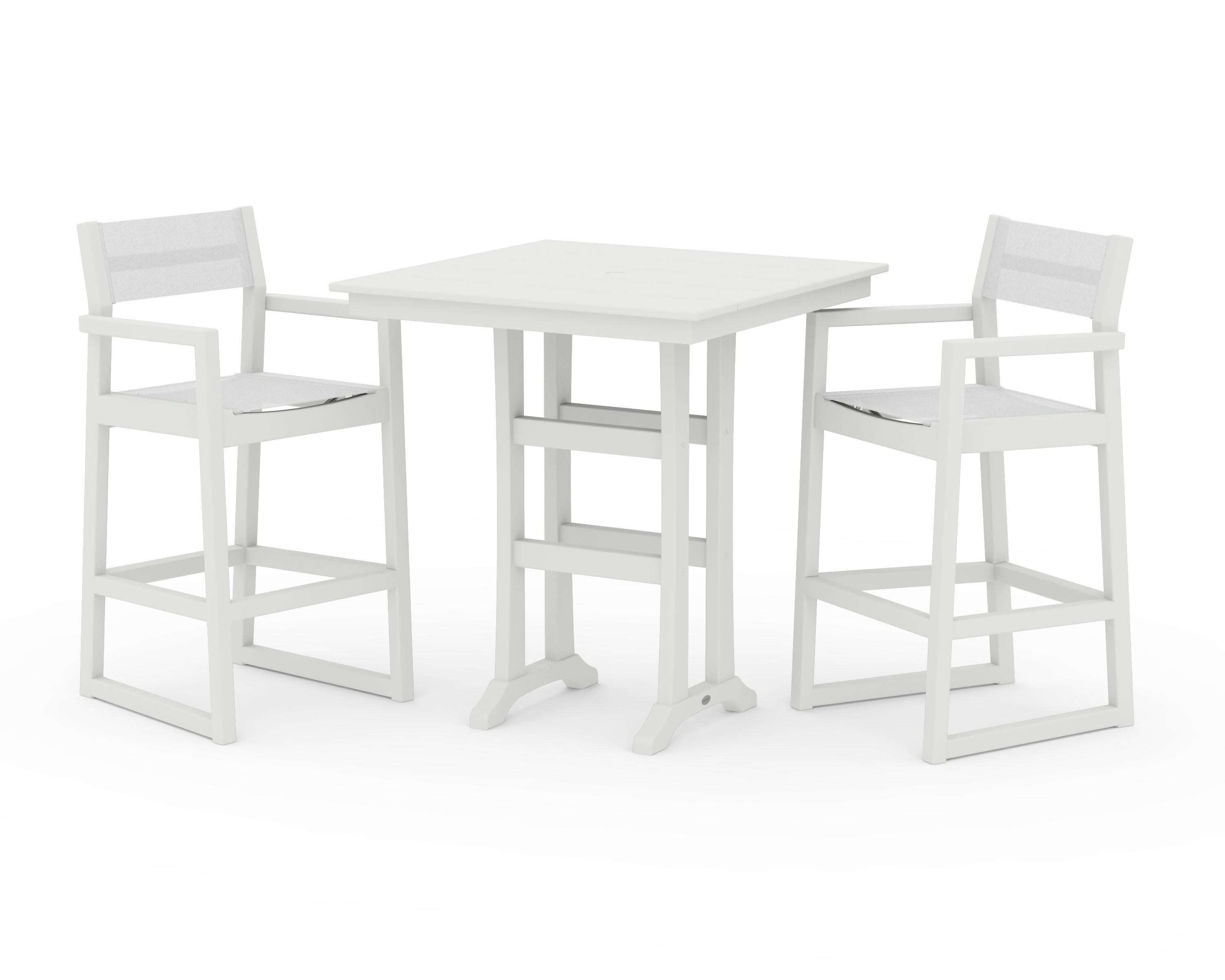 EDGE Sling Arm Chair 3-Piece Farmhouse Bar Set with Trestle Legs in Vintage White / White Sling