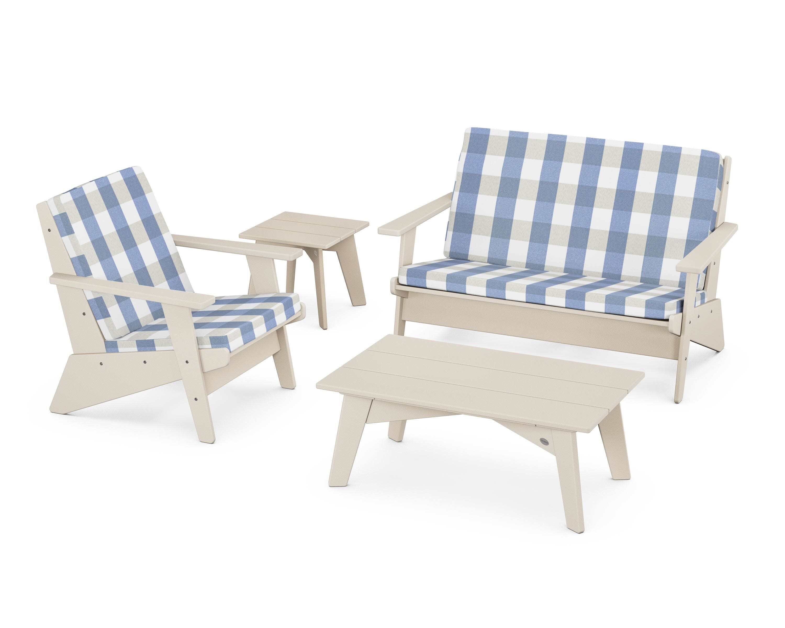 Riviera Modern Lounge 4-Piece Set in Sand / Buffalo Plaid Sky Blue