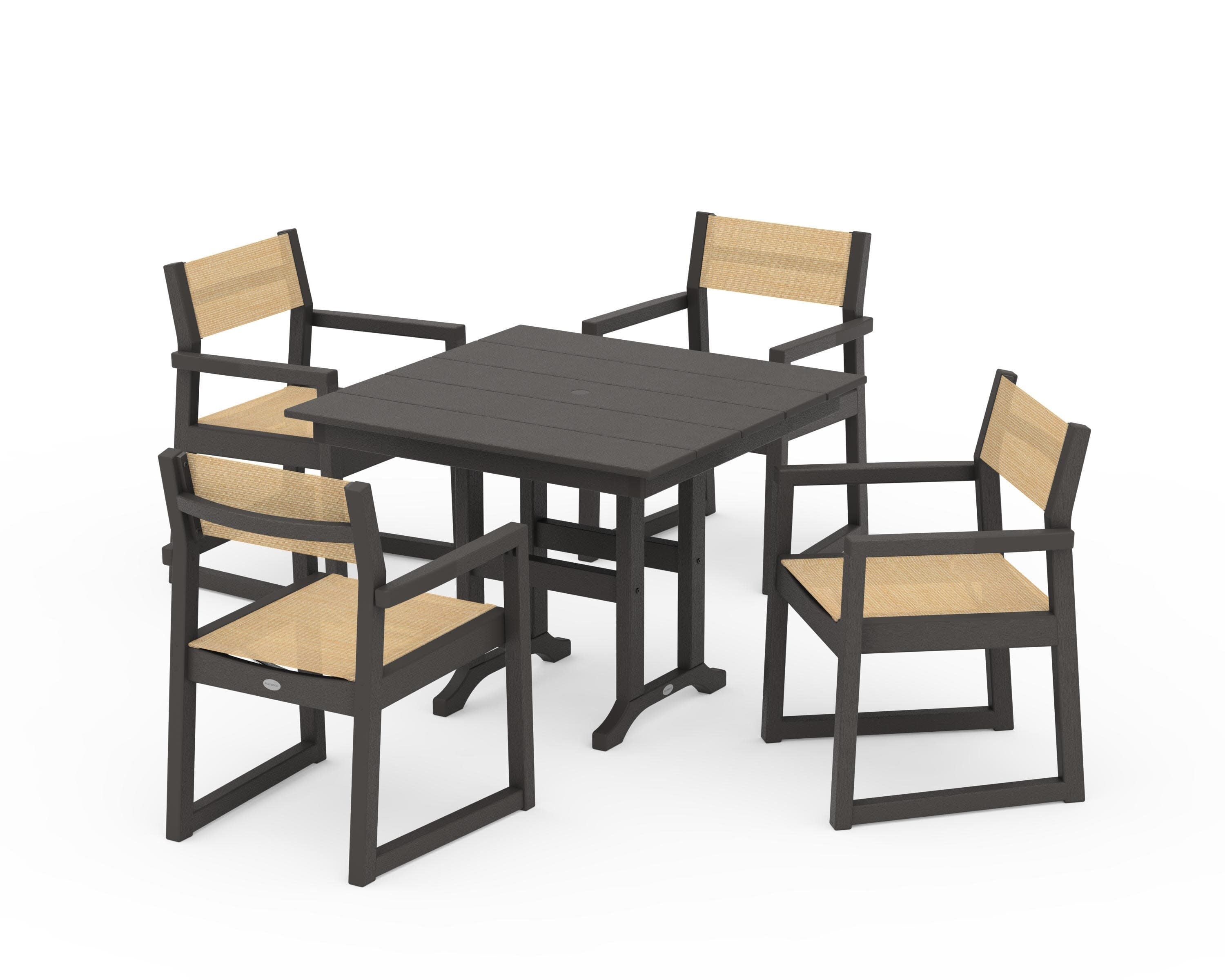 EDGE Sling Arm Chair 5-Piece Farmhouse Dining Set in Vintage Coffee / Dupioni Apricot Sling