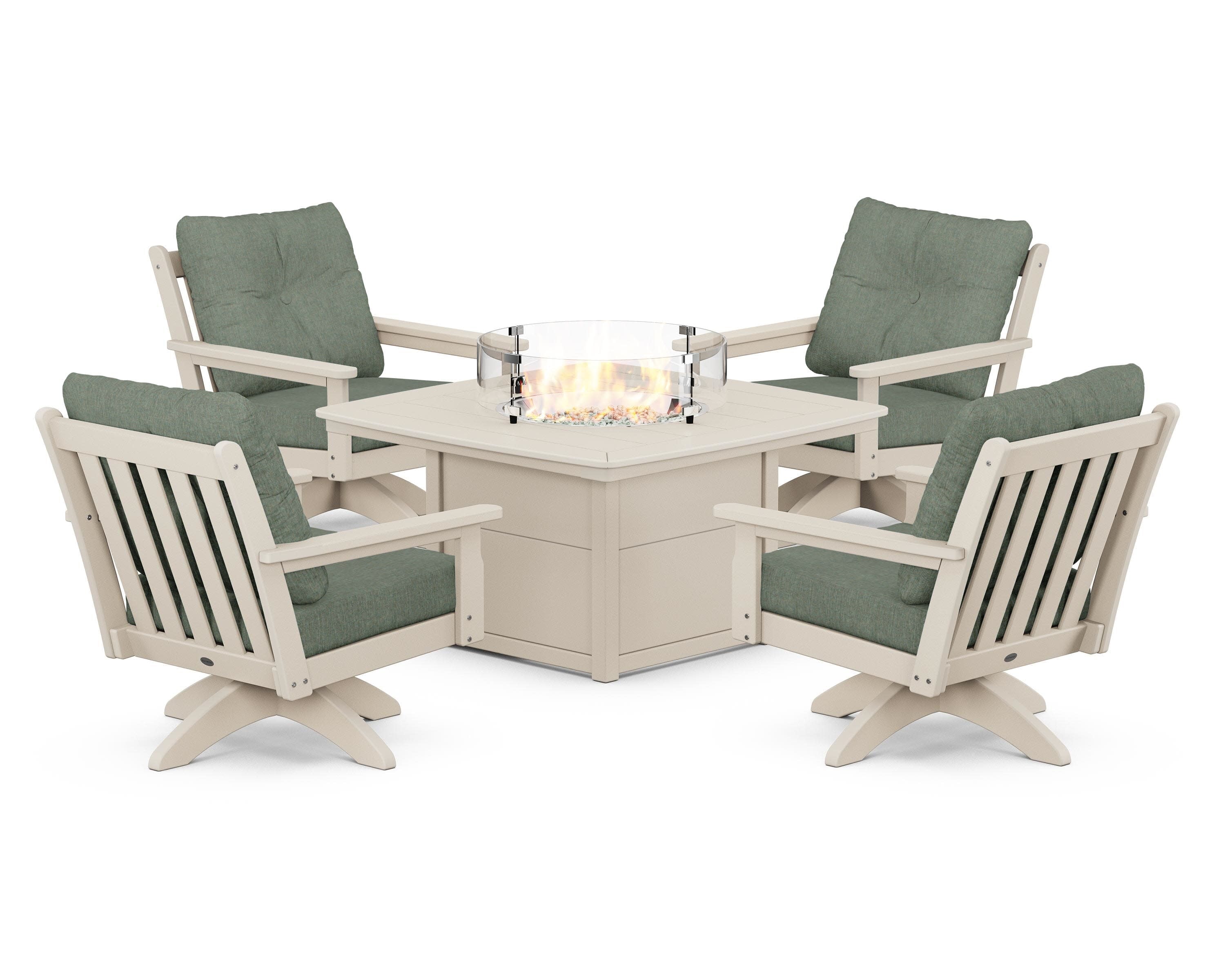 Vineyard 5-Piece Deep Seating Swivel Conversation Set with Fire Pit Table in Sand / Cast Sage