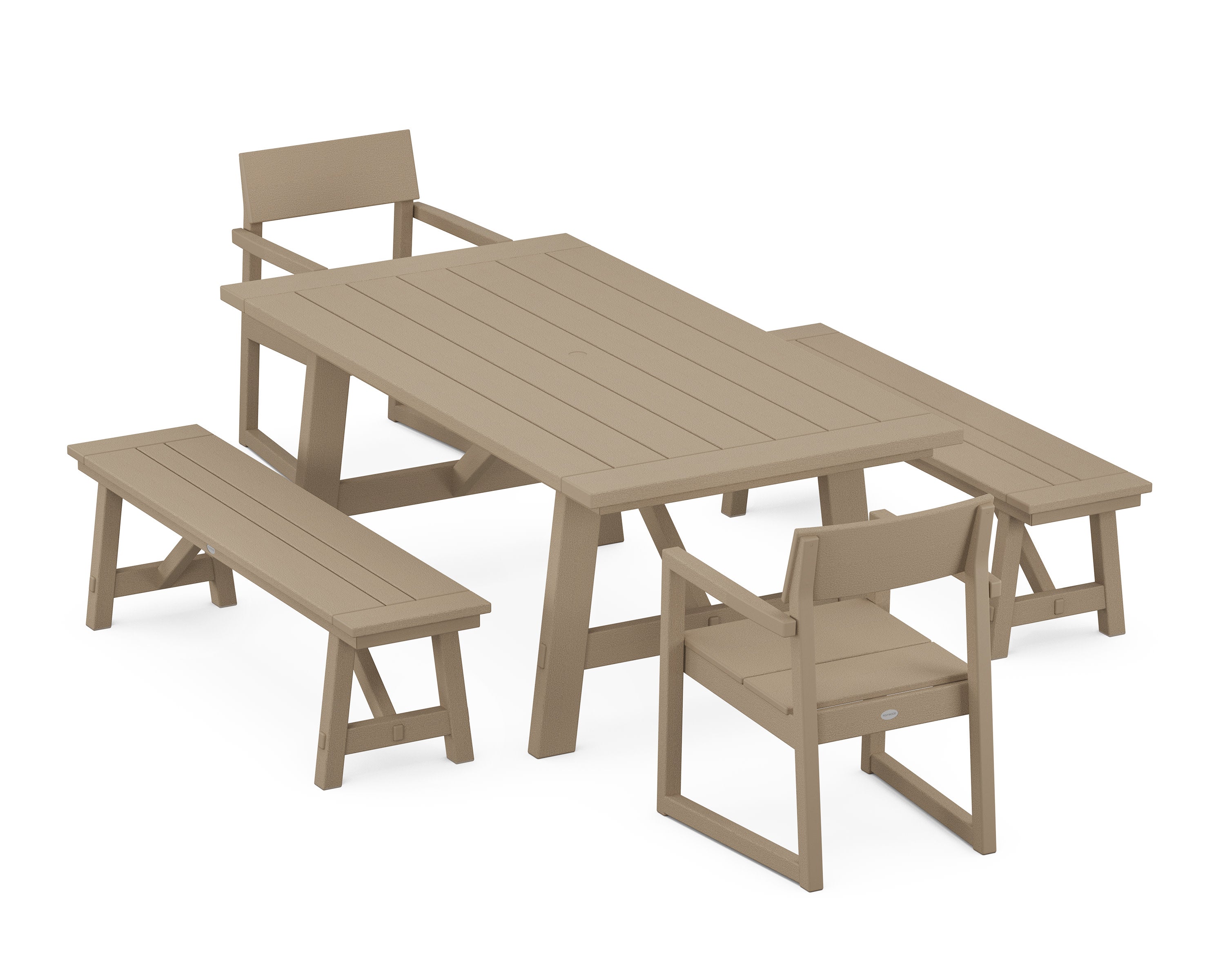 EDGE 5-Piece Rustic Farmhouse Dining Set With Benches in Vintage Sahara