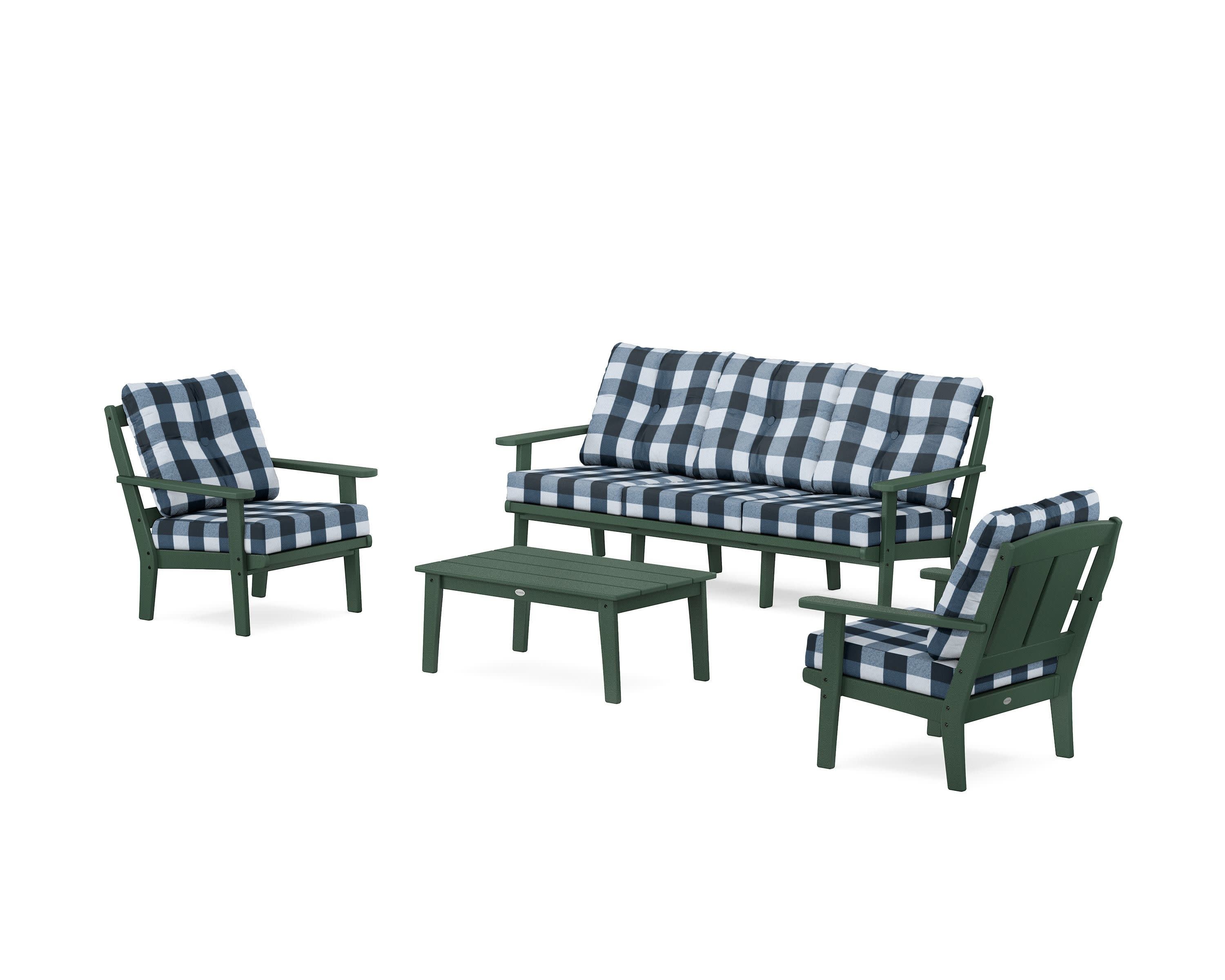 Mission 4-Piece Deep Seating Set with Sofa in Green / Buffalo Plaid Marine Indigo