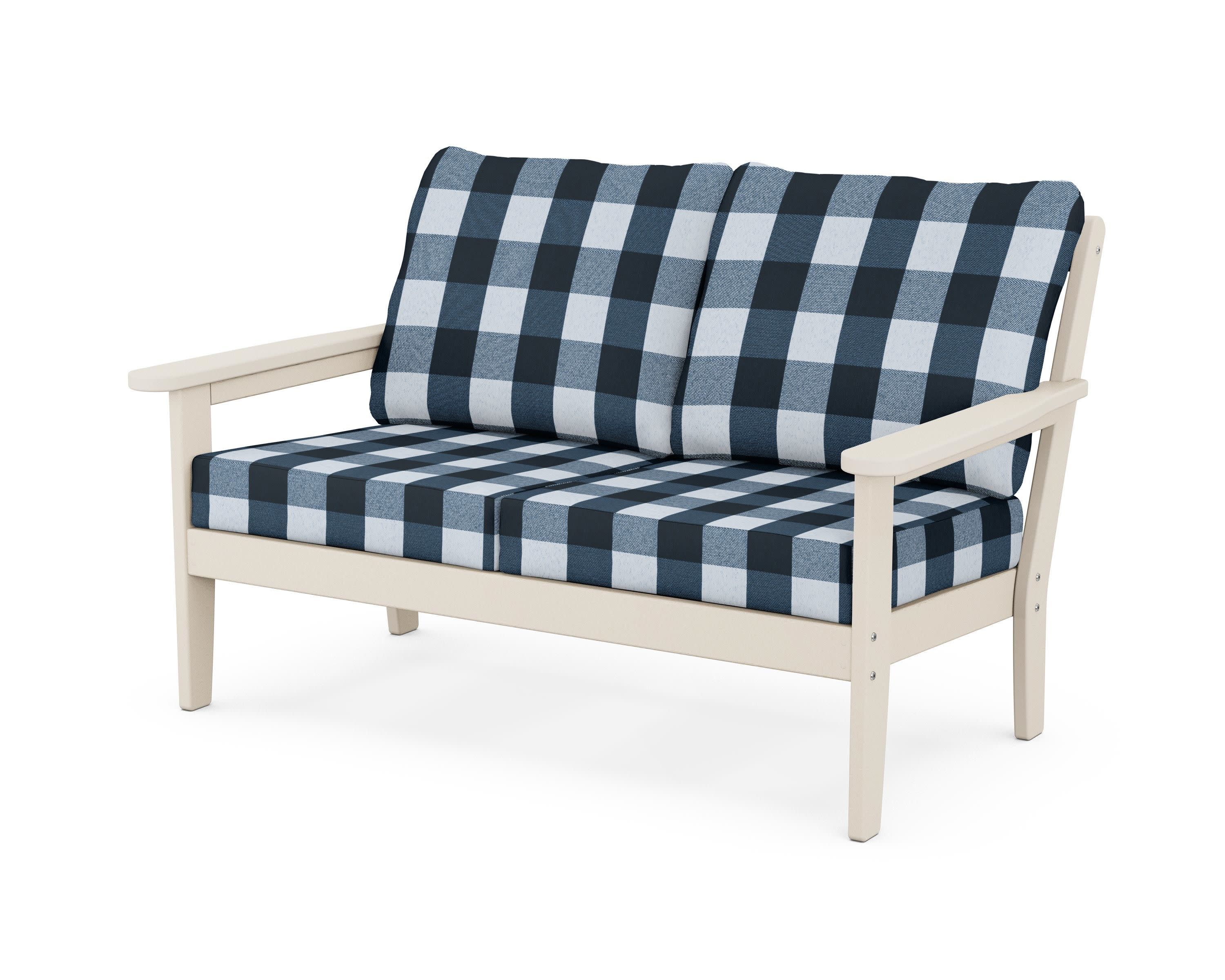 Cottage Deep Seating Loveseat in Sand / Buffalo Plaid Marine Indigo