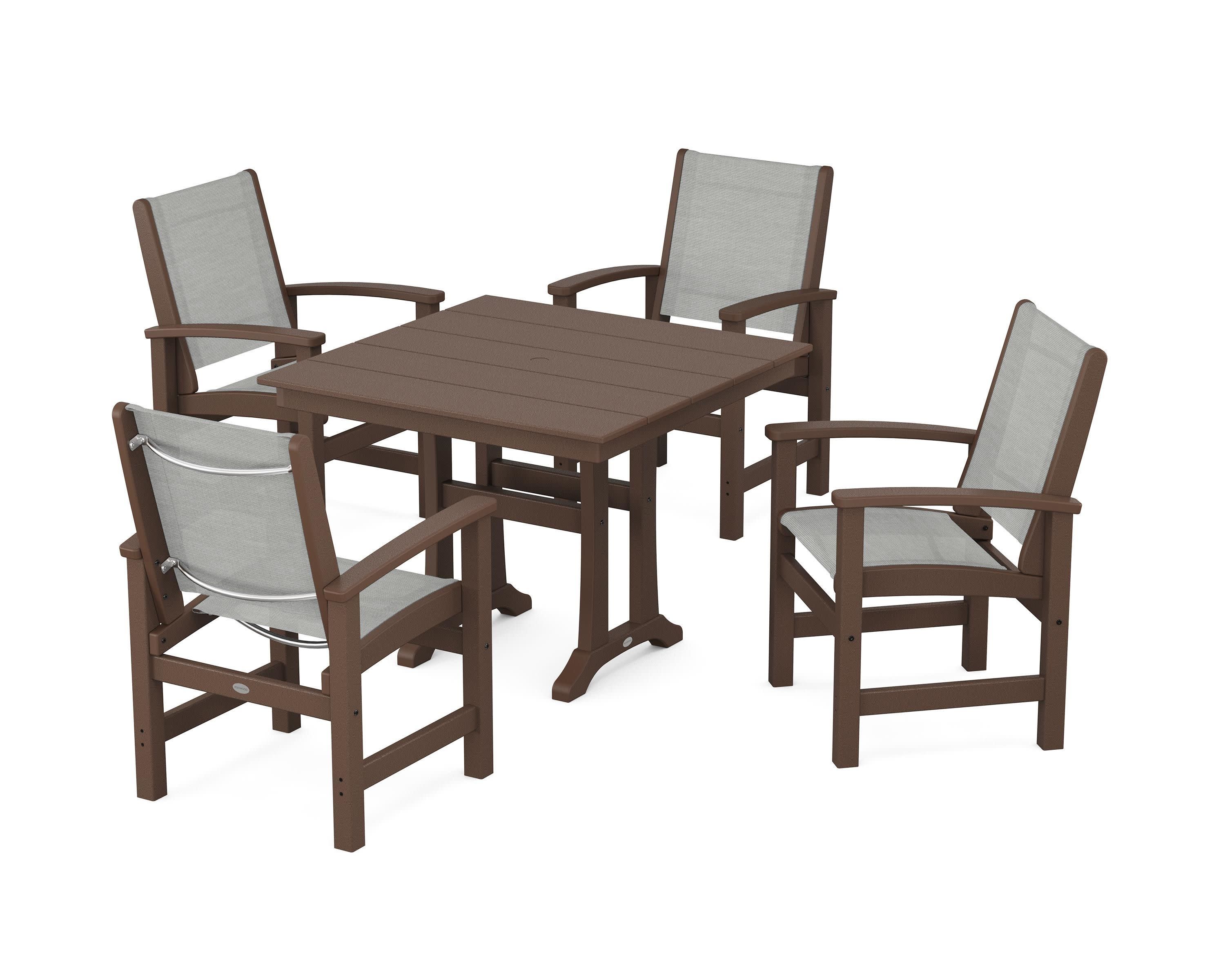 Coastal 5-Piece Farmhouse Dining Set With Trestle Legs in Mahogany / Metallic Sling