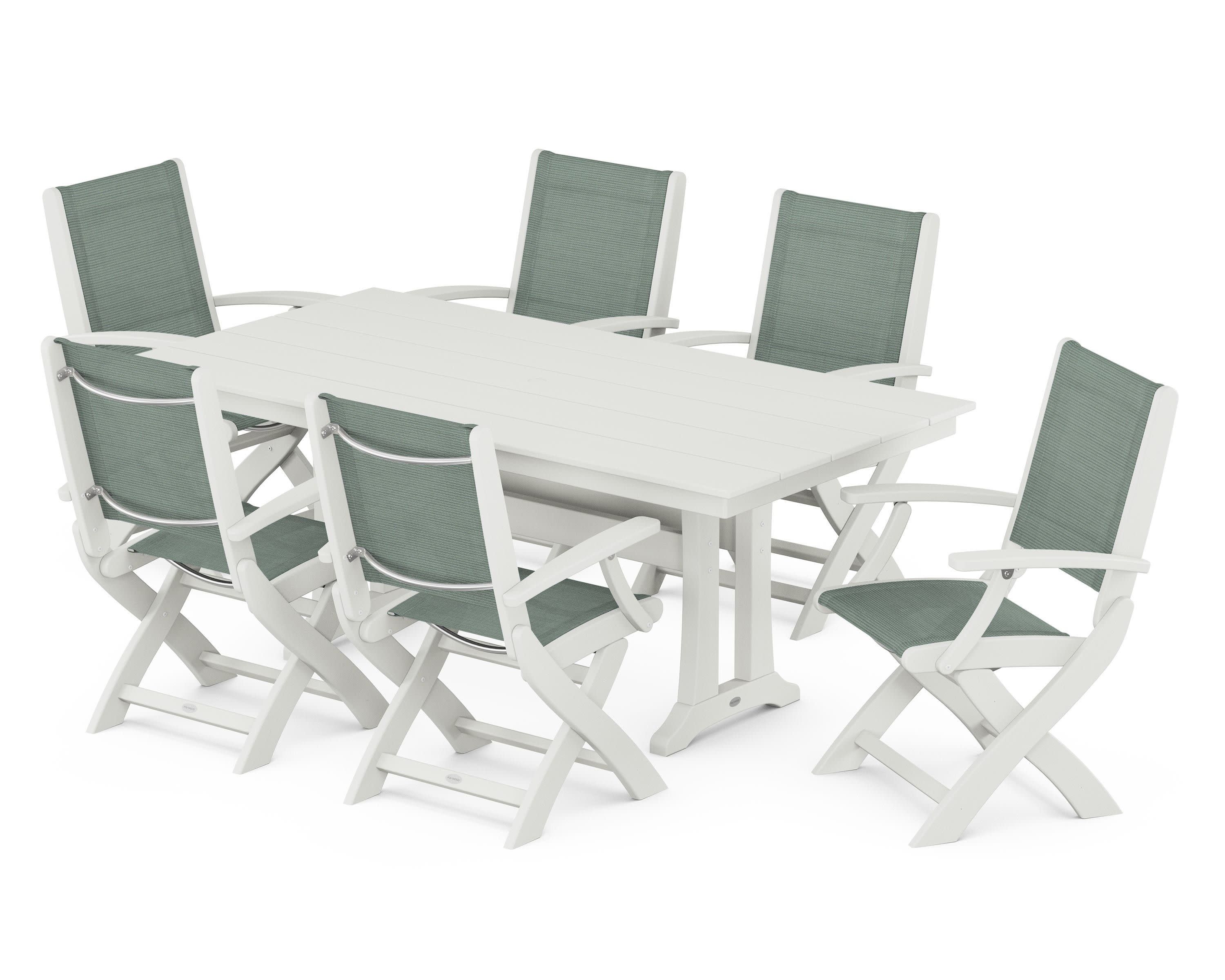Coastal Folding Arm Chair 7-Piece Farmhouse Dining Set with Trestle Legs in Vintage White / Dupioni Sea Mist Sling