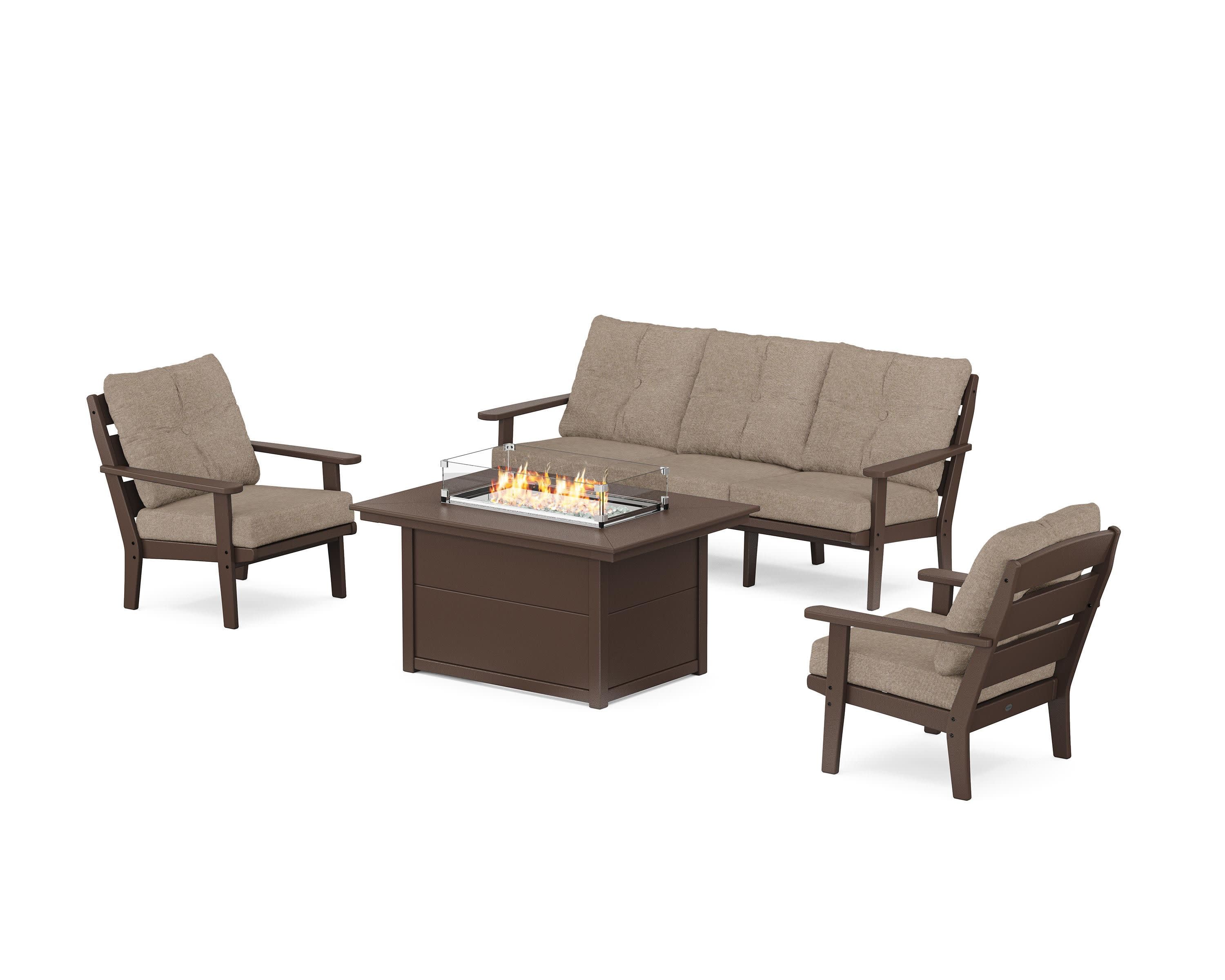 Lakeside Deep Seating Fire Pit Table Set in Mahogany / Spiced Burlap