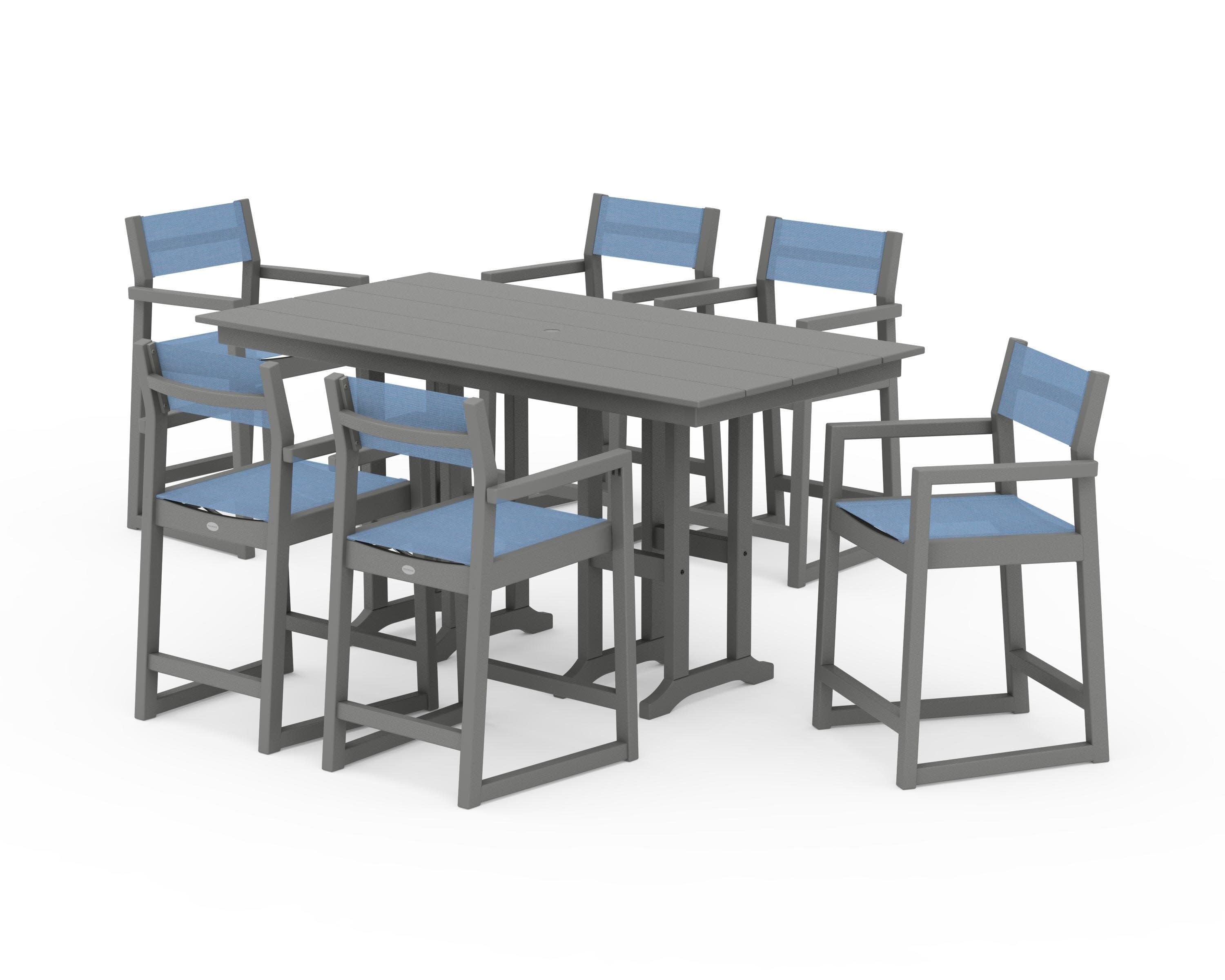 EDGE Sling Arm Chair 7-Piece Farmhouse Counter Set in Slate Grey / Poolside Sling