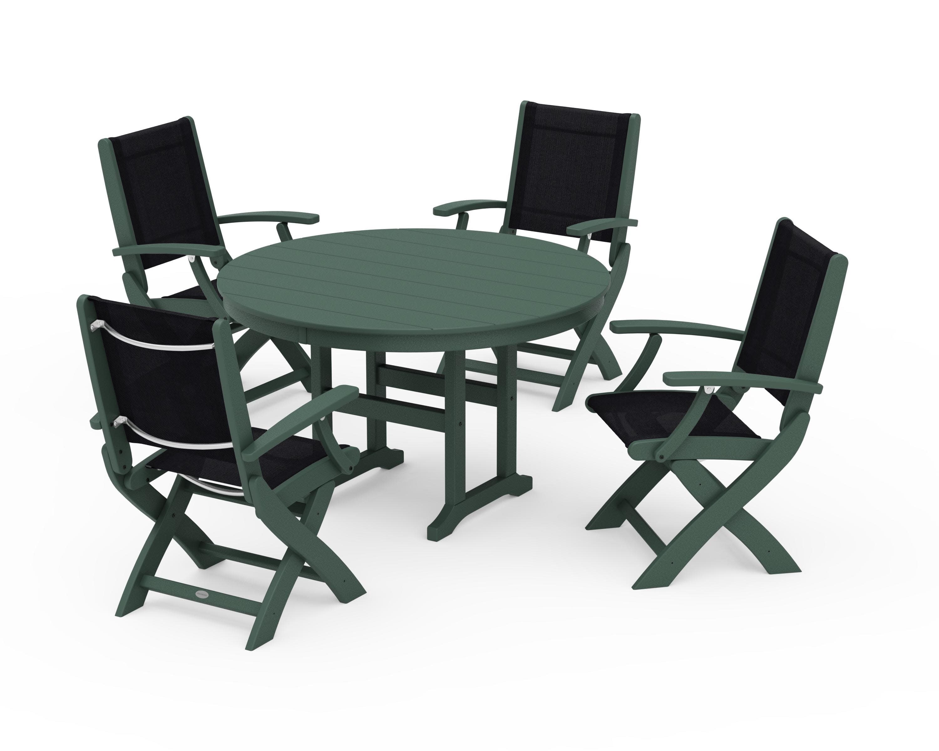 Coastal Folding Chair 5-Piece Round Dining Set in Green / Black Sling