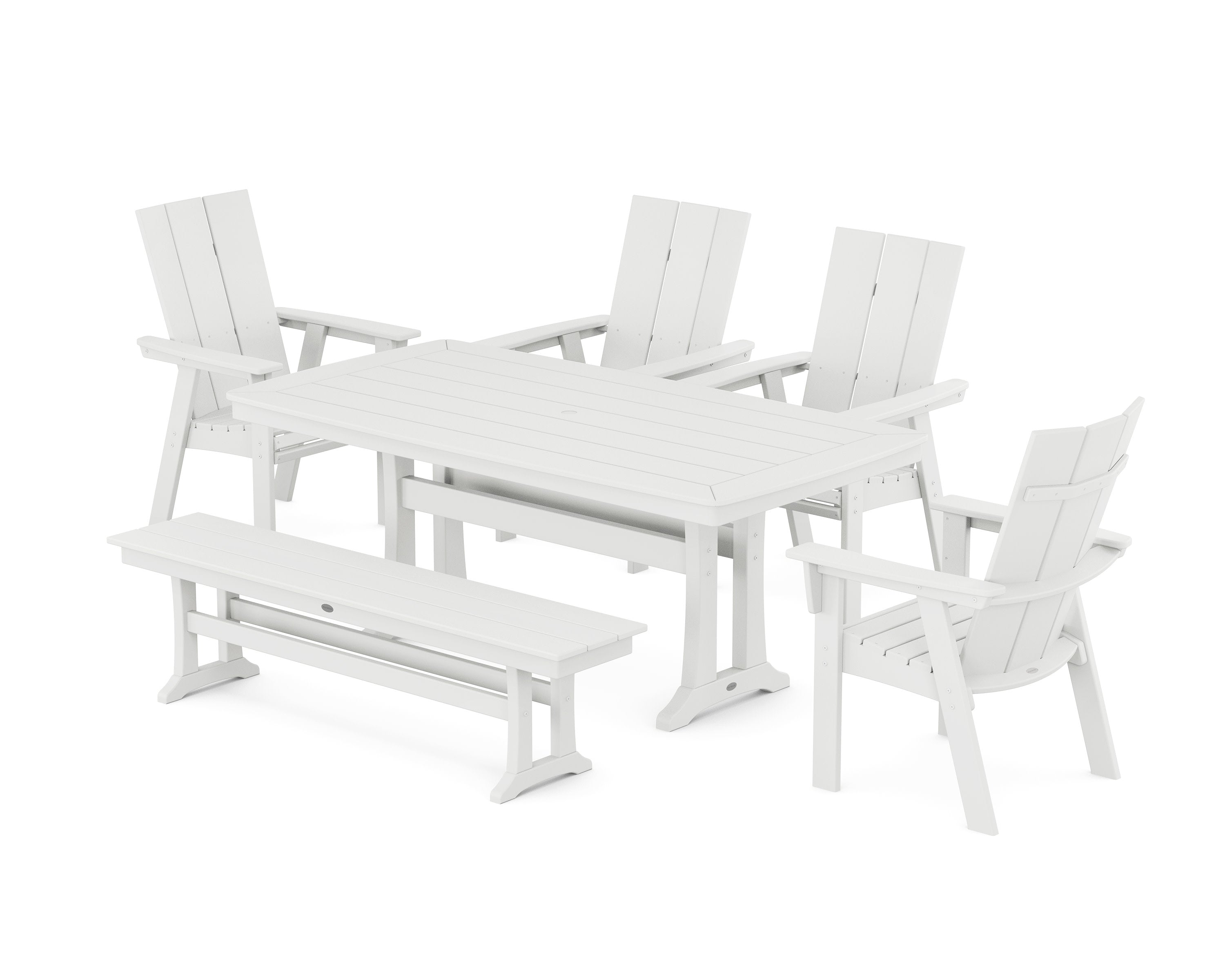 Modern Curveback Adirondack 6-Piece Farmhouse Dining Set with Trestle Legs and Bench in White