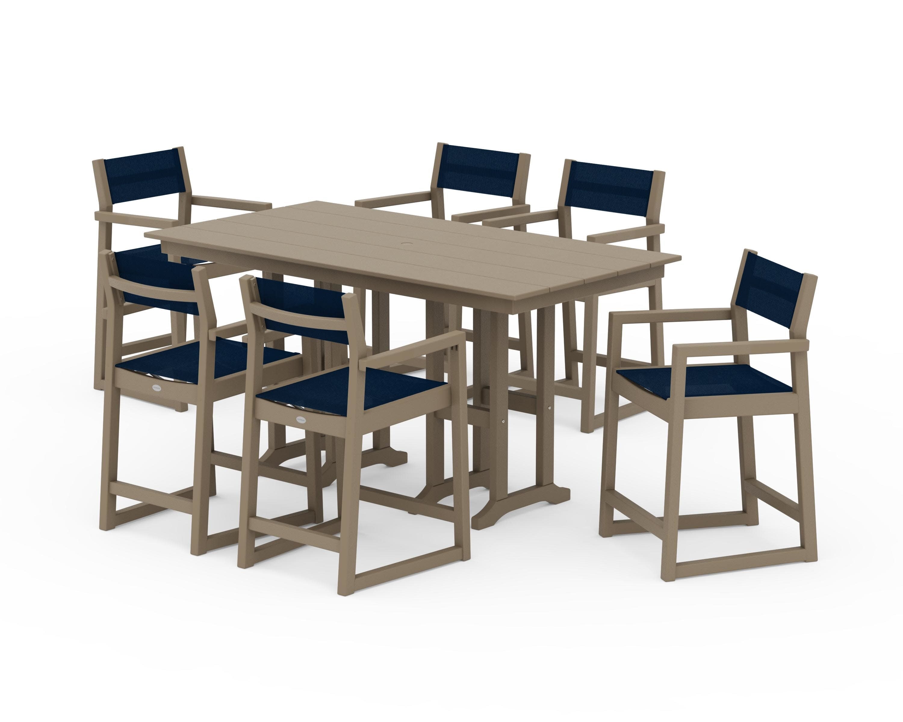 EDGE Sling Arm Chair 7-Piece Farmhouse Counter Set in Vintage Sahara / Navy Blue Sling