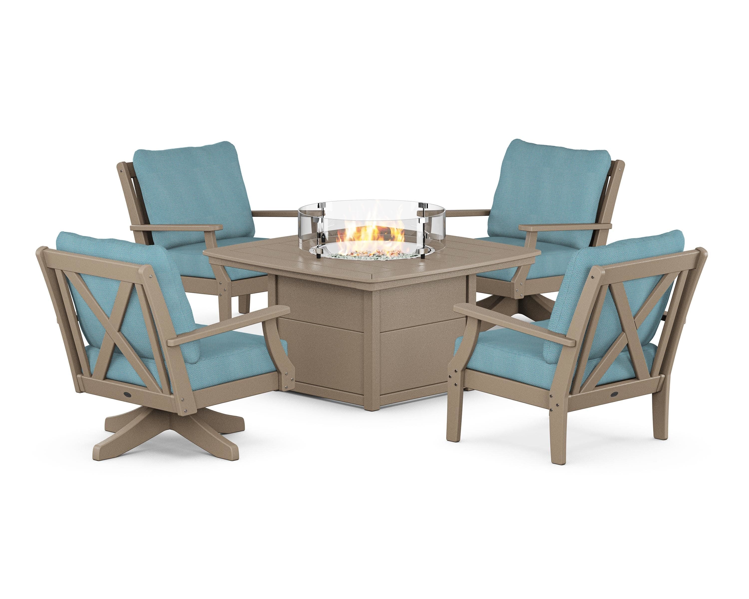 Braxton 5-Piece Deep Seating Set with Fire Table in Sand / Lattice Sky Blue