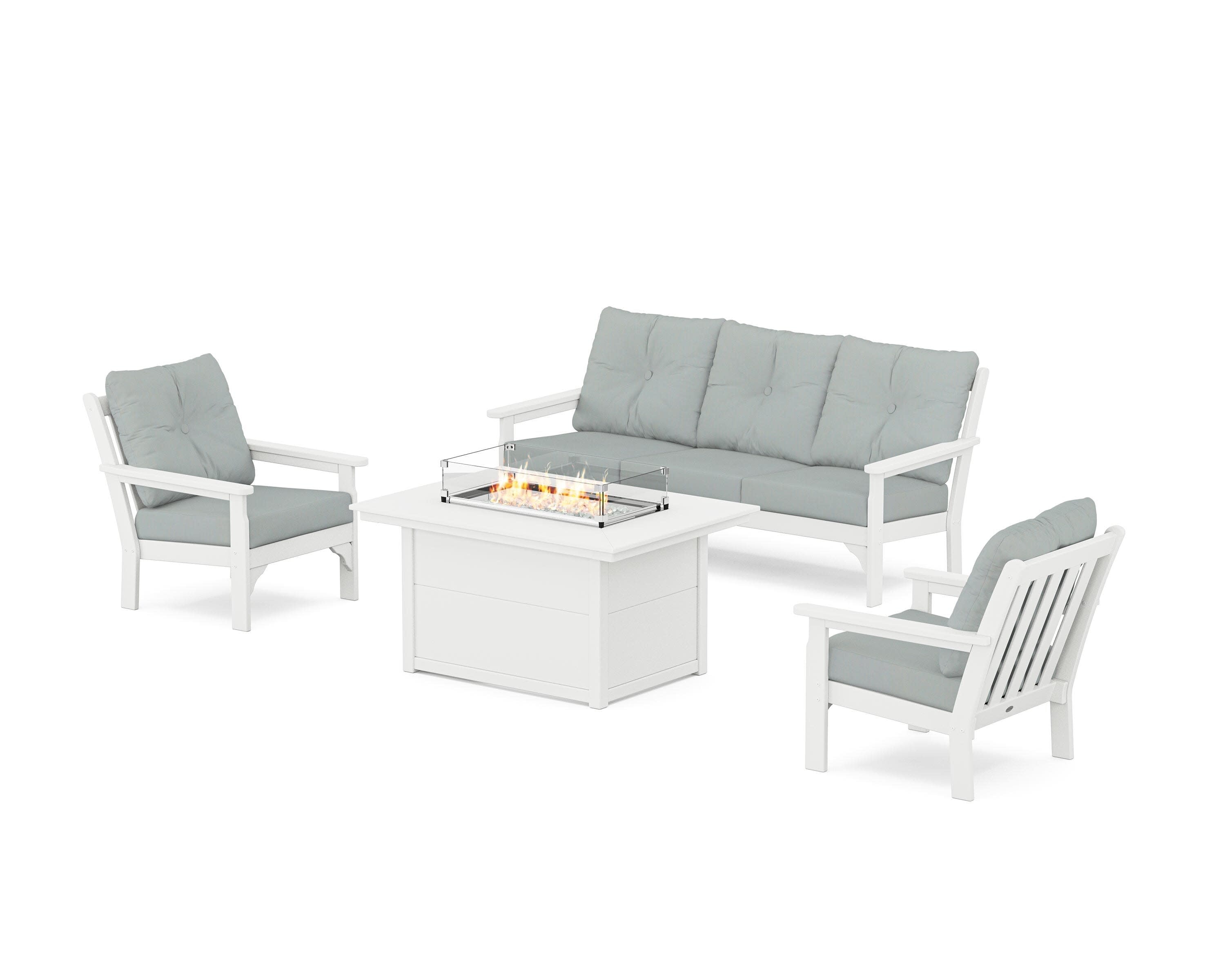 Vineyard Deep Seating Fire Pit Table Set in White / Spa