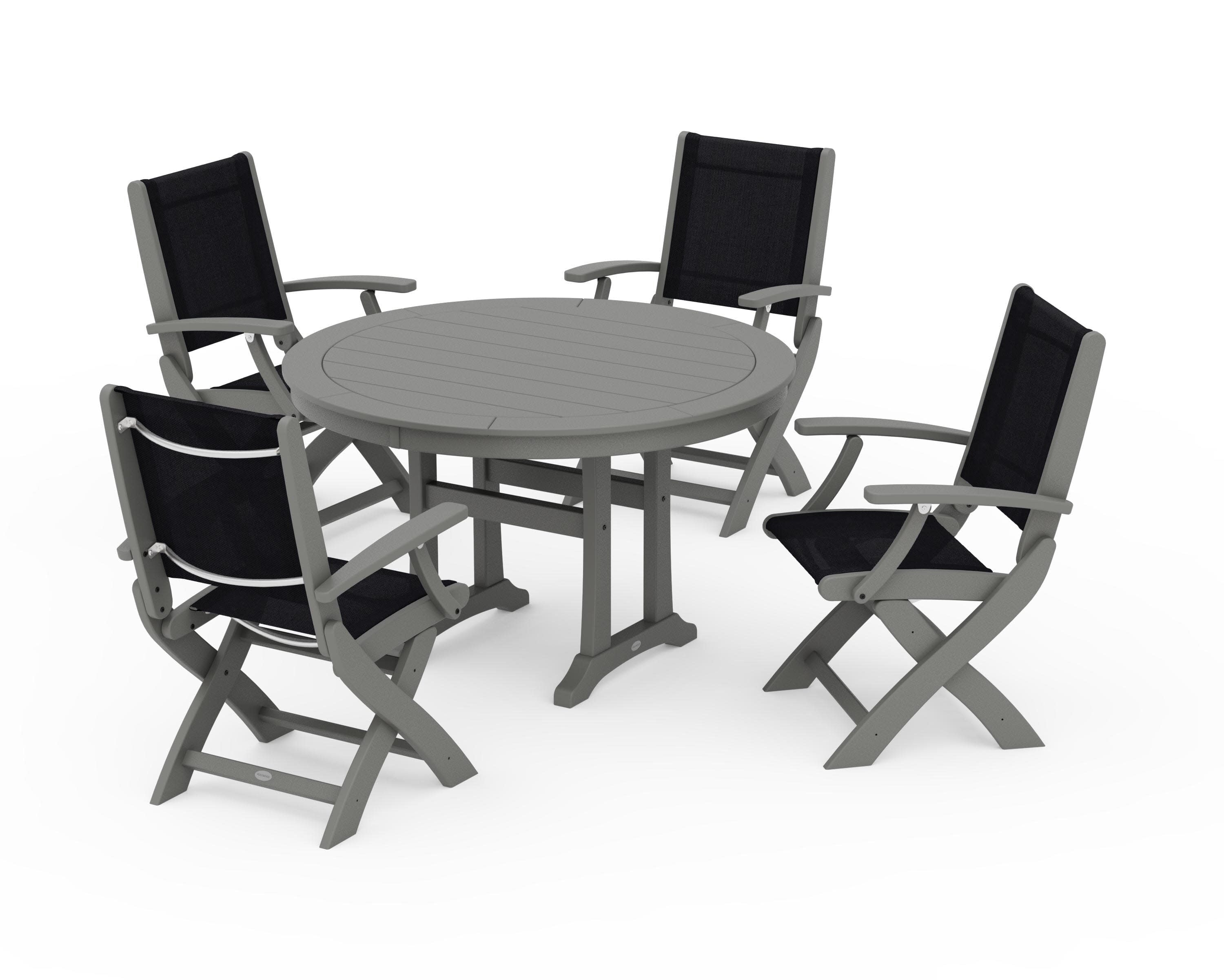 Coastal Folding Chair 5-Piece Round Dining Set with Trestle Legs in Slate Grey / Black Sling
