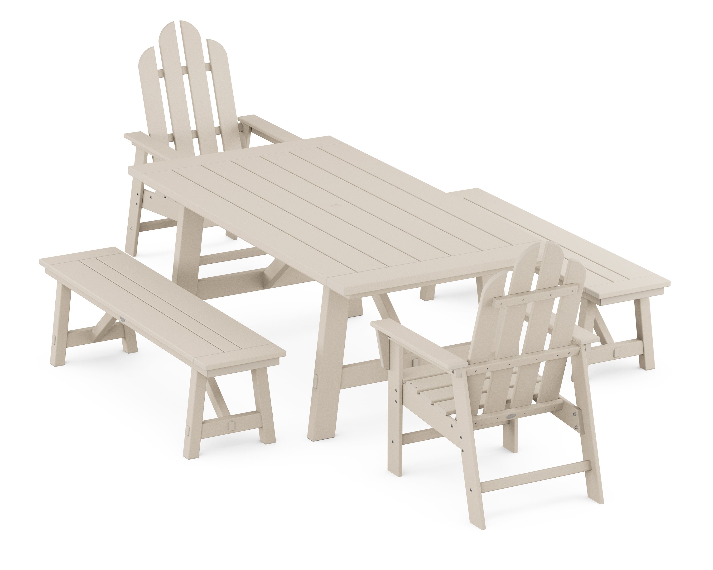 Long Island 5-Piece Rustic Farmhouse Dining Set With Benches in Sand