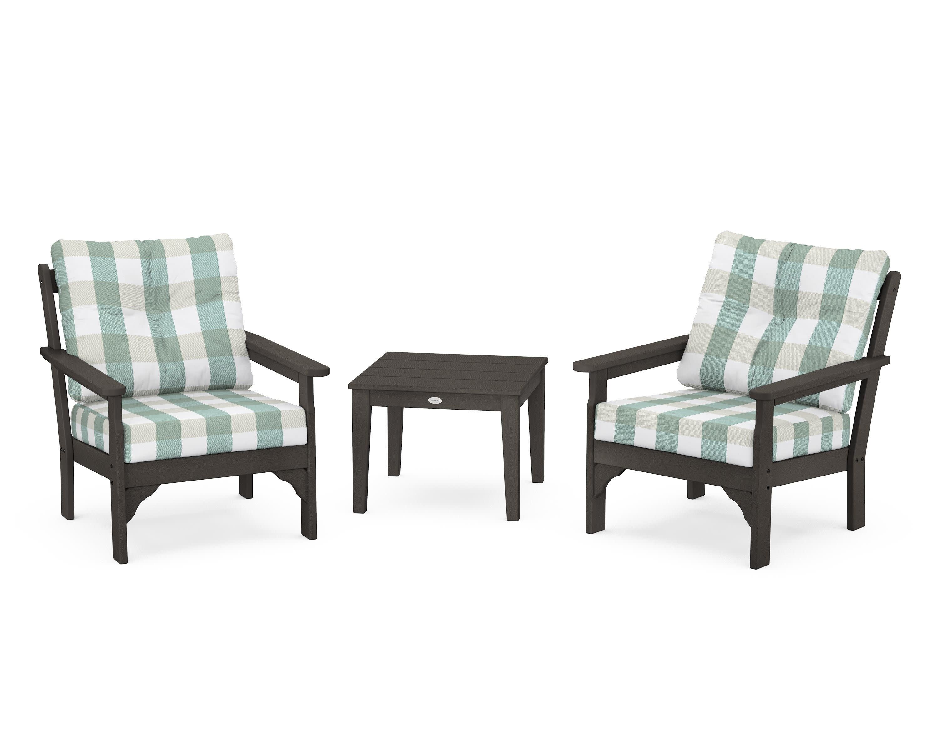 Vineyard 3-Piece Deep Seating Set in Vintage Coffee / Buffalo Plaid Glacier Spa