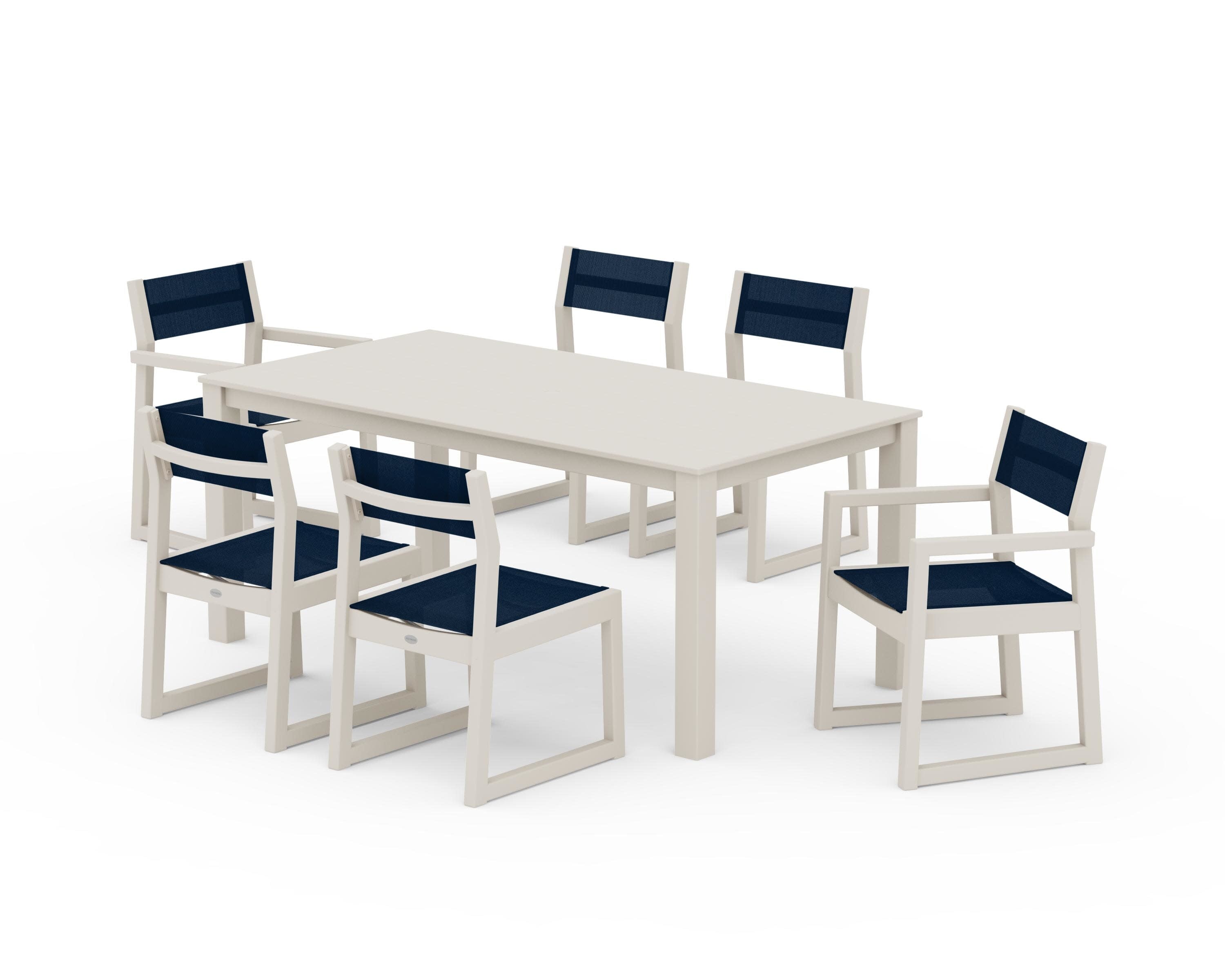 EDGE Sling 7-Piece Parsons Dining Set in Sand / Navy Blue Sling