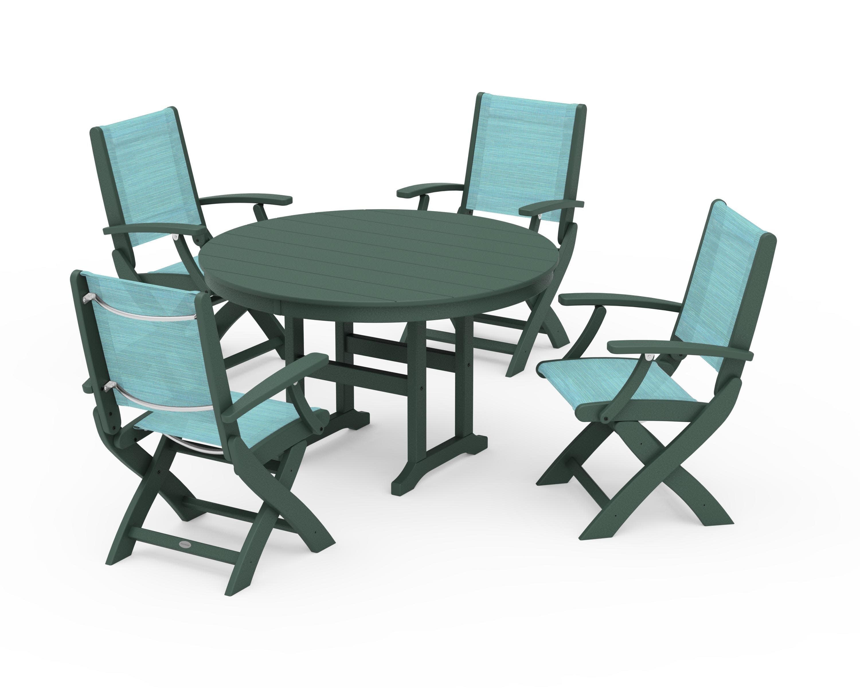 Coastal Folding Chair 5-Piece Round Dining Set in Green / Dupioni Aquamarine Sling