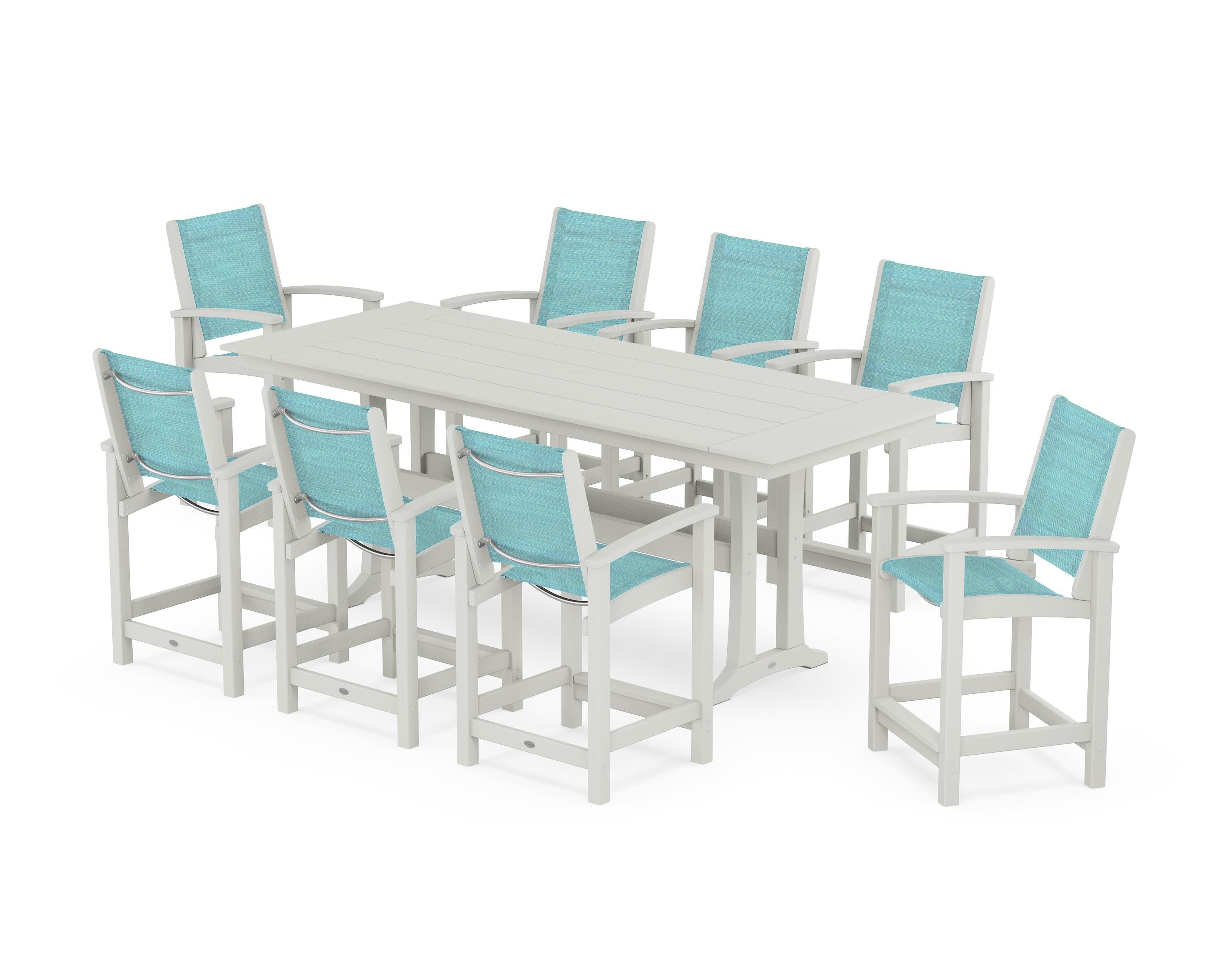 Coastal 9-Piece Farmhouse Counter Set with Trestle Legs in Vintage White / Dupioni Aquamarine Sling