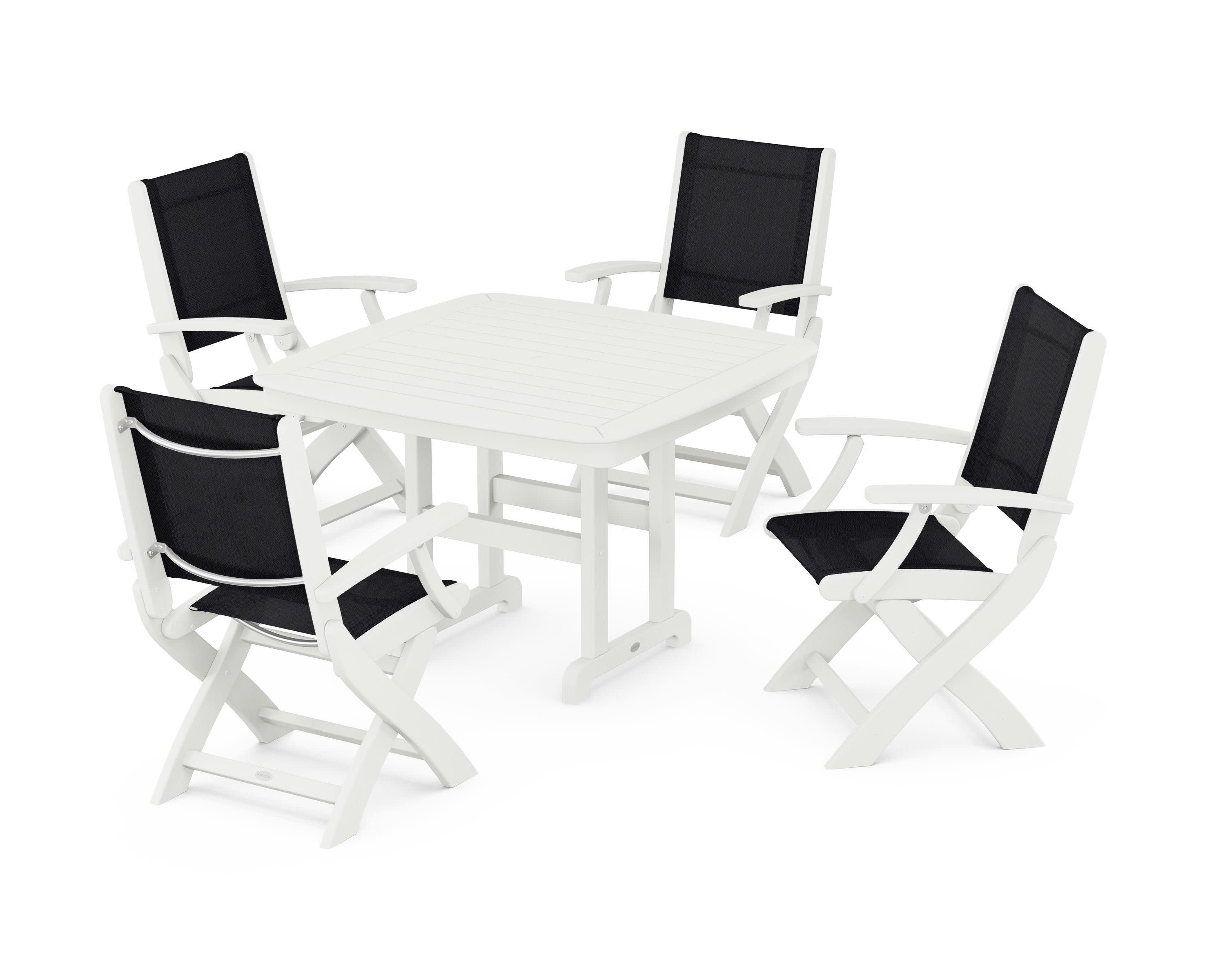 Coastal Folding Chair 5-Piece Dining Set in Vintage White / Black Sling