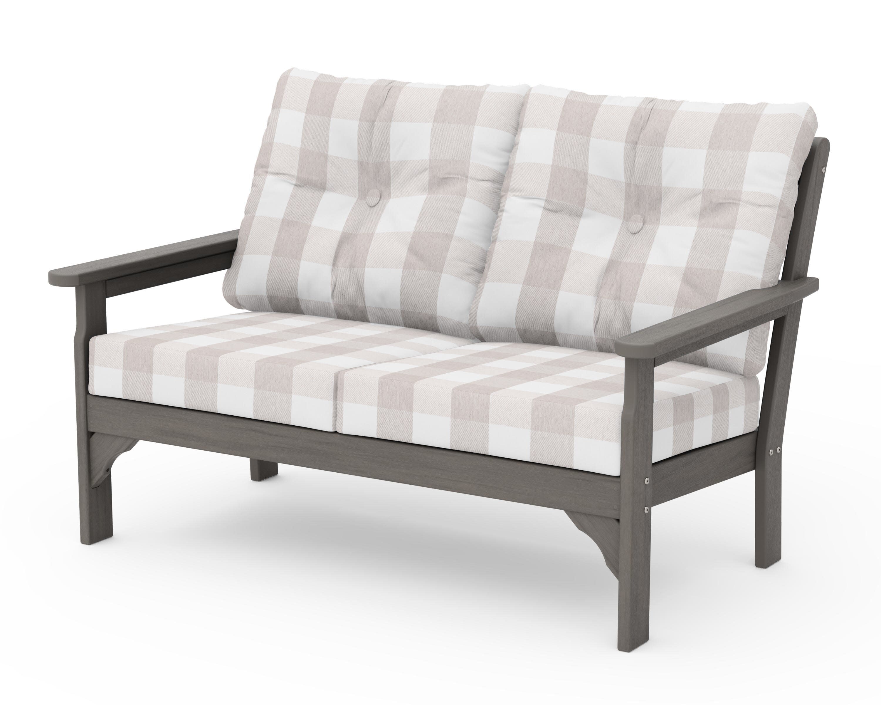 Vineyard Deep Seating Loveseat in Driftwood / Buffalo Plaid Dune Burlap