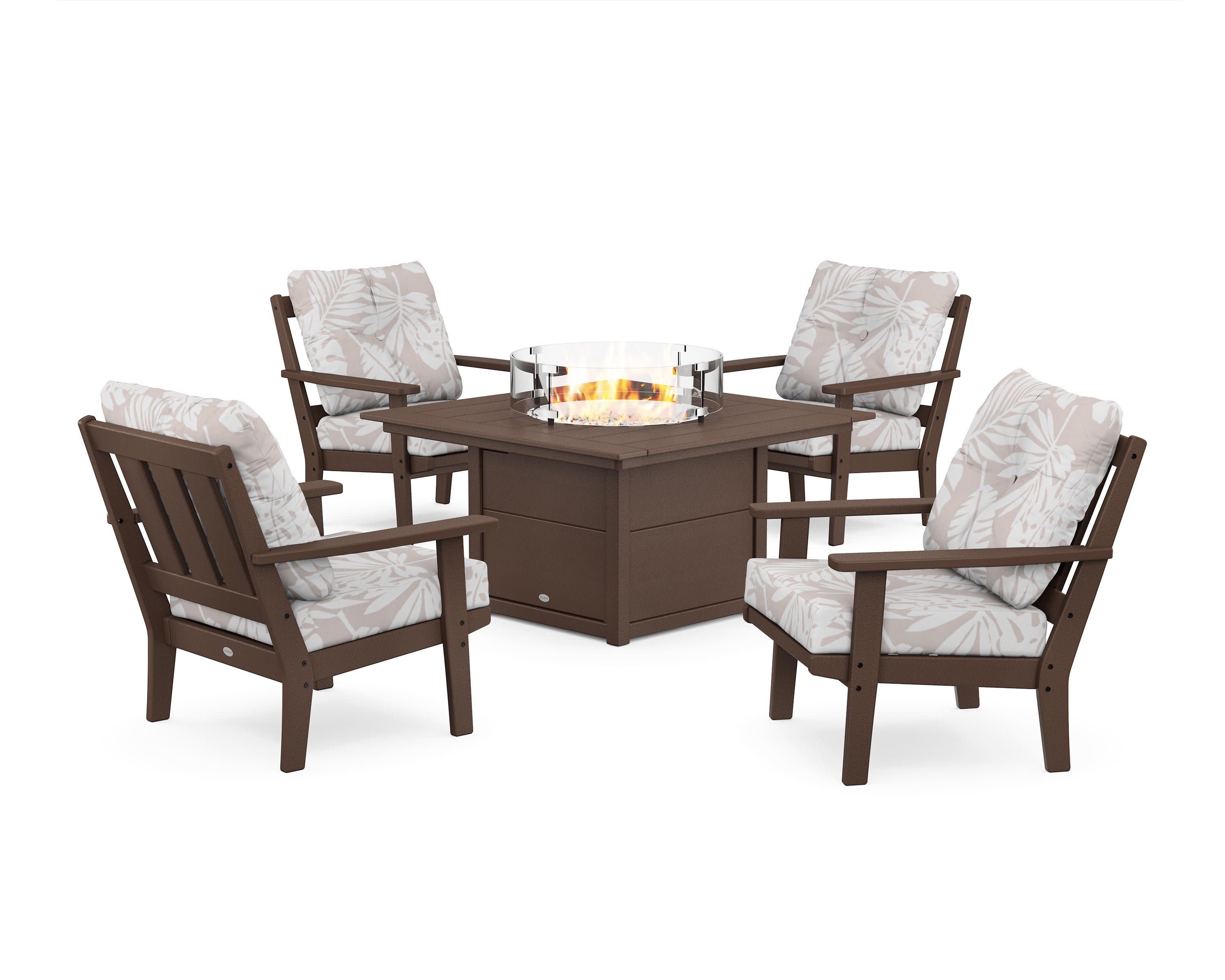 Oxford 5-Piece Deep Seating Set with Fire Pit Table in Mahogany / Leaf Dune Burlap
