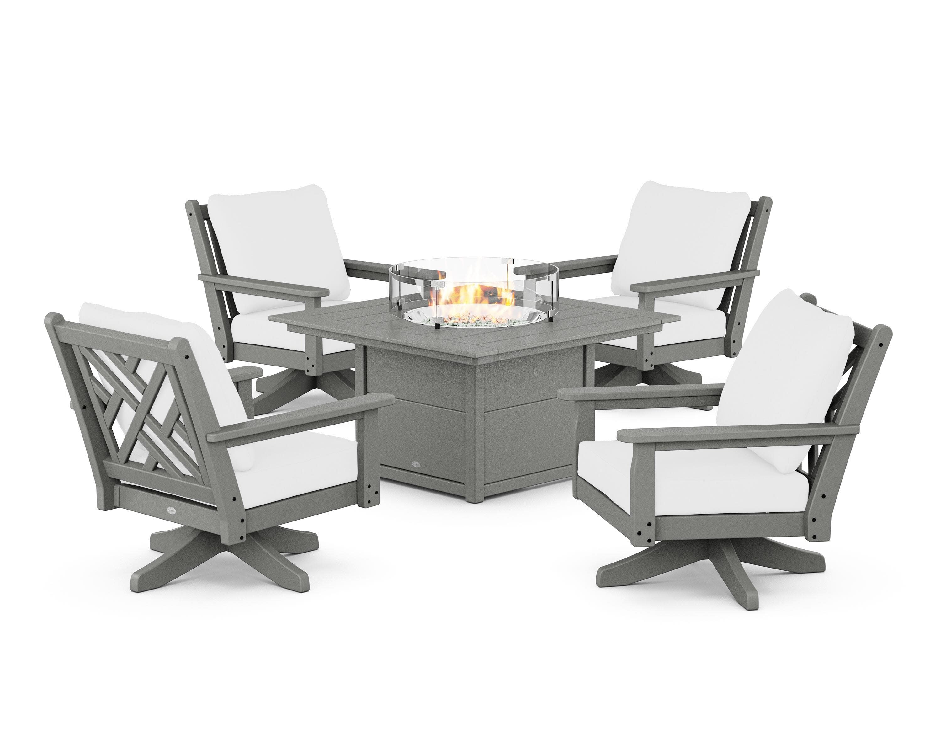 Chippendale 5-Piece Deep Seating Swivel Conversation Set with Fire Pit Table in Slate Grey / Natural
