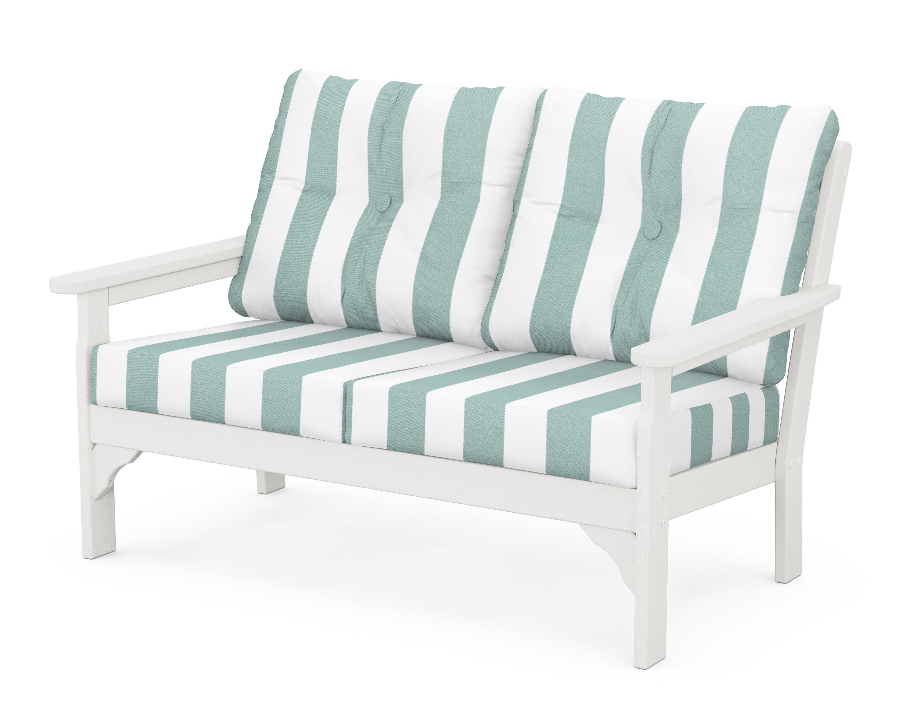 Vineyard Deep Seating Loveseat in Vintage White / Cabana Stripe Glacier Spa