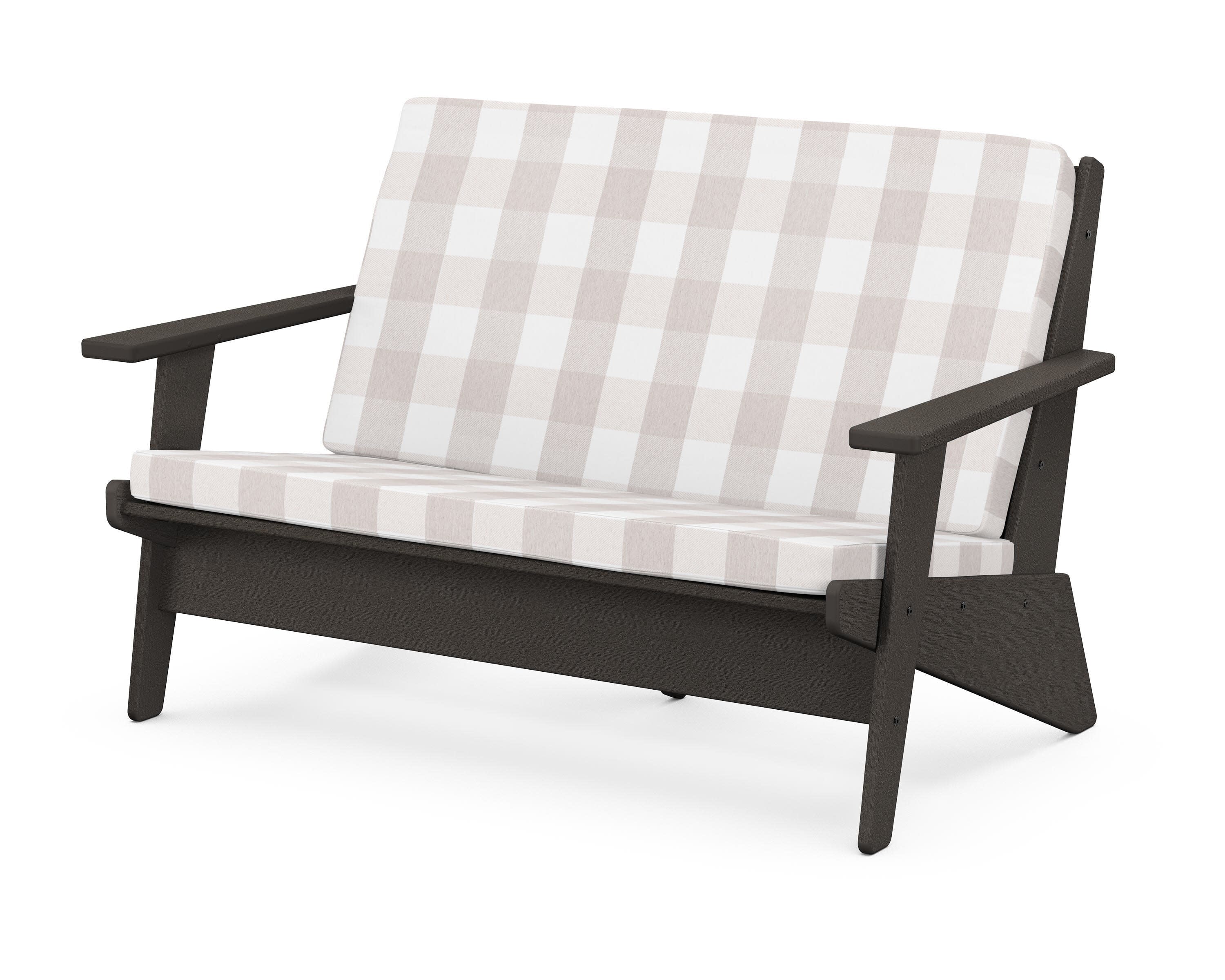Riviera Modern Lounge Loveseat in Vintage Coffee / Buffalo Plaid Dune Burlap