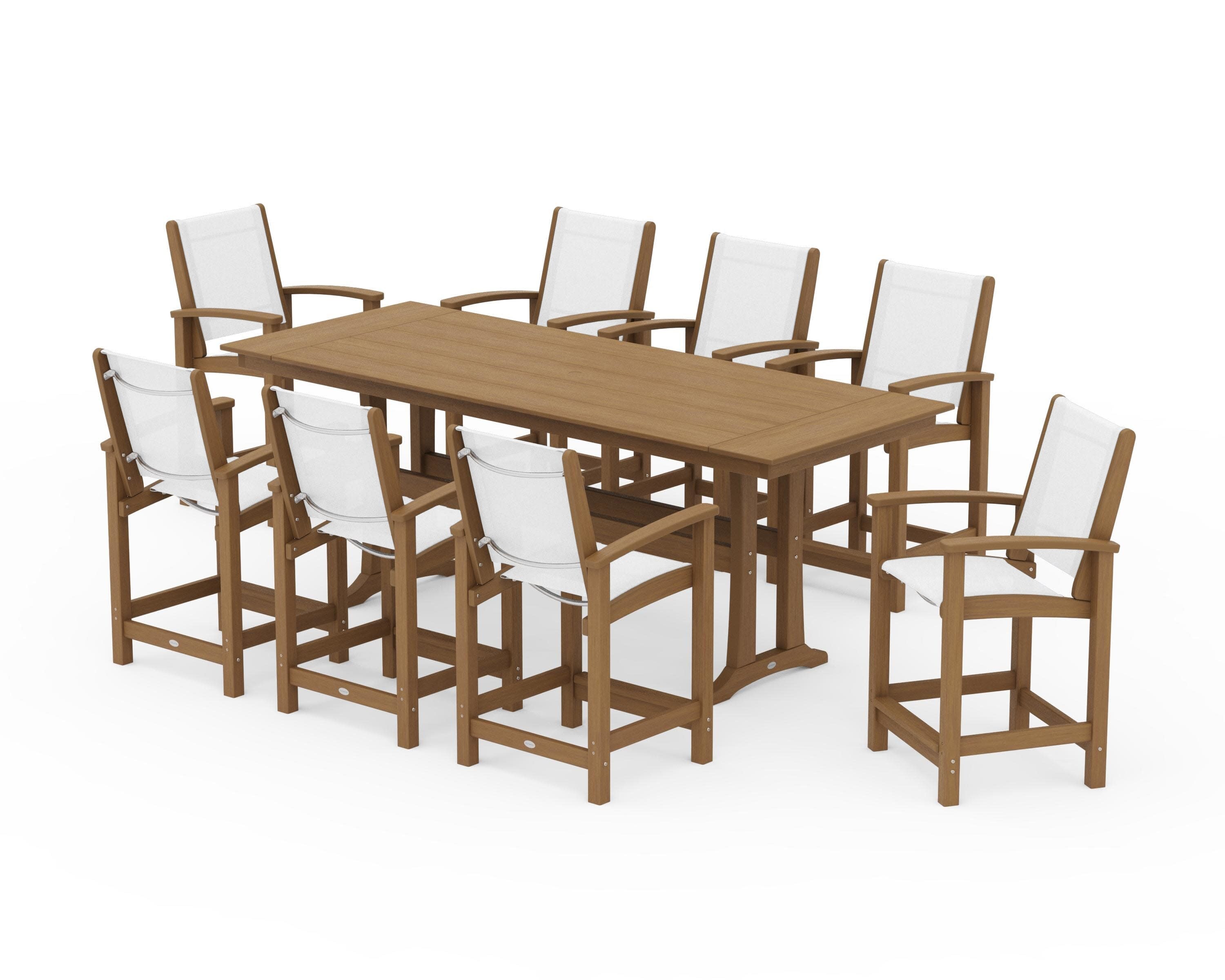 Coastal 9-Piece Farmhouse Counter Set with Trestle Legs in Natural / White Sling