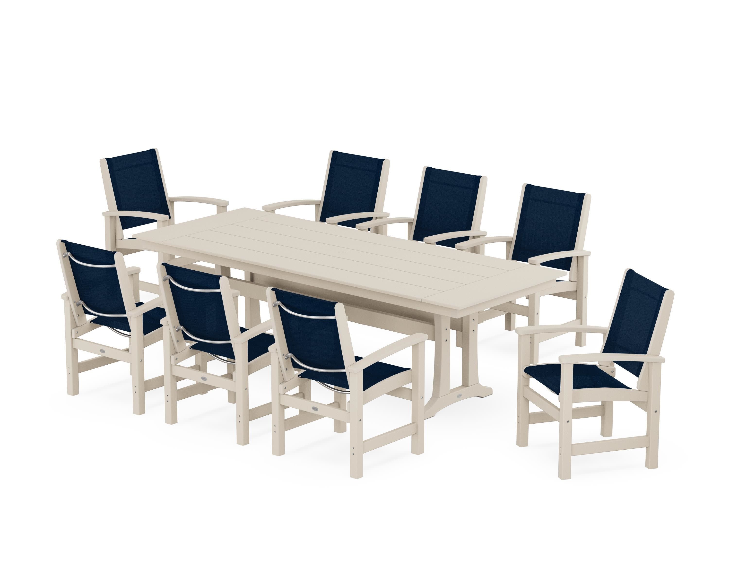Coastal 9-Piece Farmhouse Dining Set with Trestle Legs in Sand / Navy Blue Sling